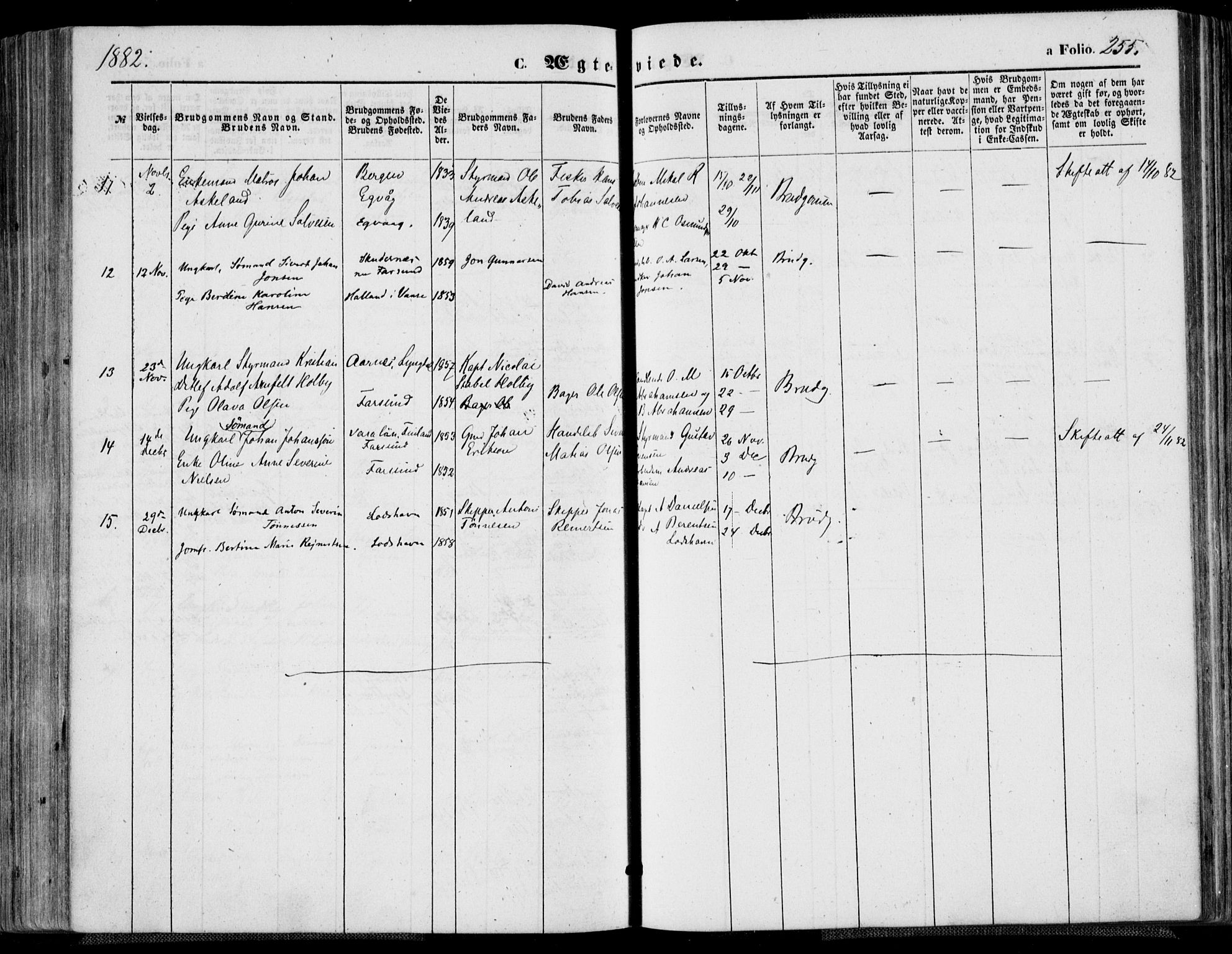 Farsund sokneprestkontor, AV/SAK-1111-0009/F/Fa/L0005: Parish register (official) no. A 5, 1863-1886, p. 255