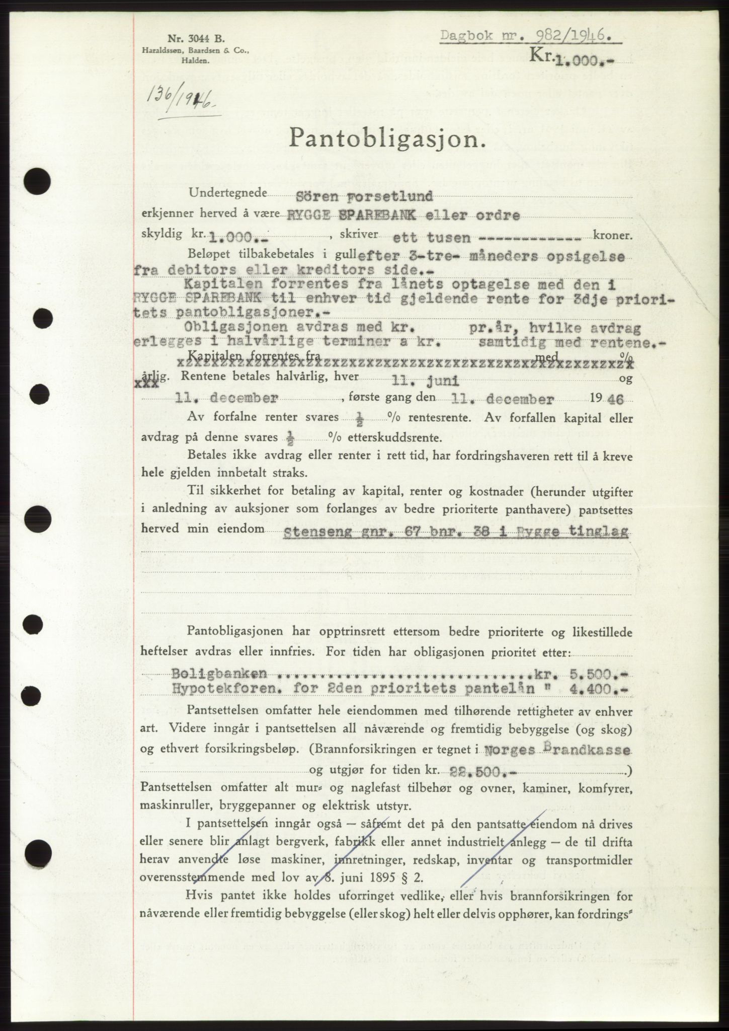 Moss sorenskriveri, AV/SAO-A-10168: Mortgage book no. B15, 1946-1946, Diary no: : 982/1946