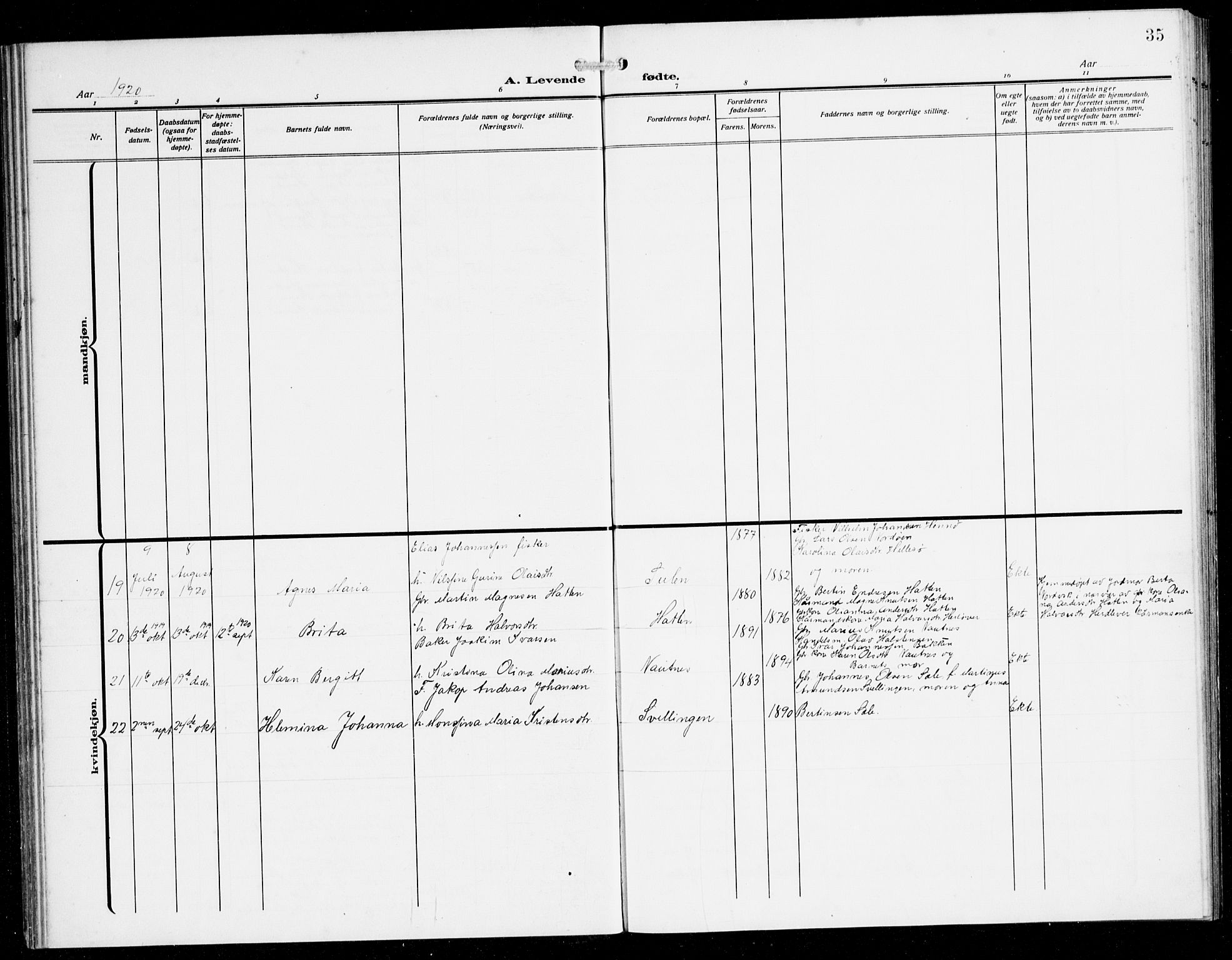 Herdla Sokneprestembete, SAB/A-75701/H/Hab: Parish register (copy) no. B 1, 1909-1929, p. 35