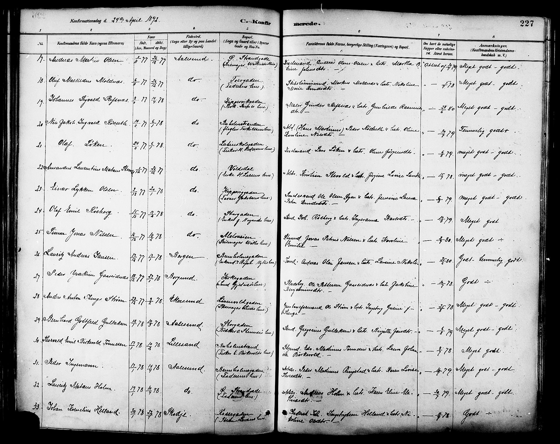 Ministerialprotokoller, klokkerbøker og fødselsregistre - Møre og Romsdal, SAT/A-1454/529/L0455: Parish register (official) no. 529A05, 1885-1893, p. 227
