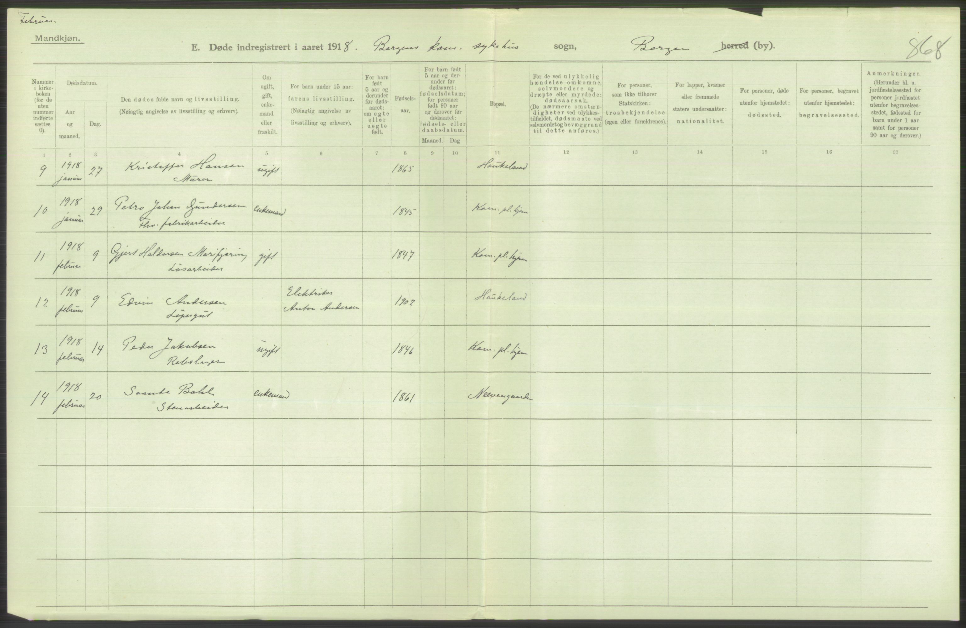 Statistisk sentralbyrå, Sosiodemografiske emner, Befolkning, RA/S-2228/D/Df/Dfb/Dfbh/L0039: Bergen: Døde., 1918, p. 196