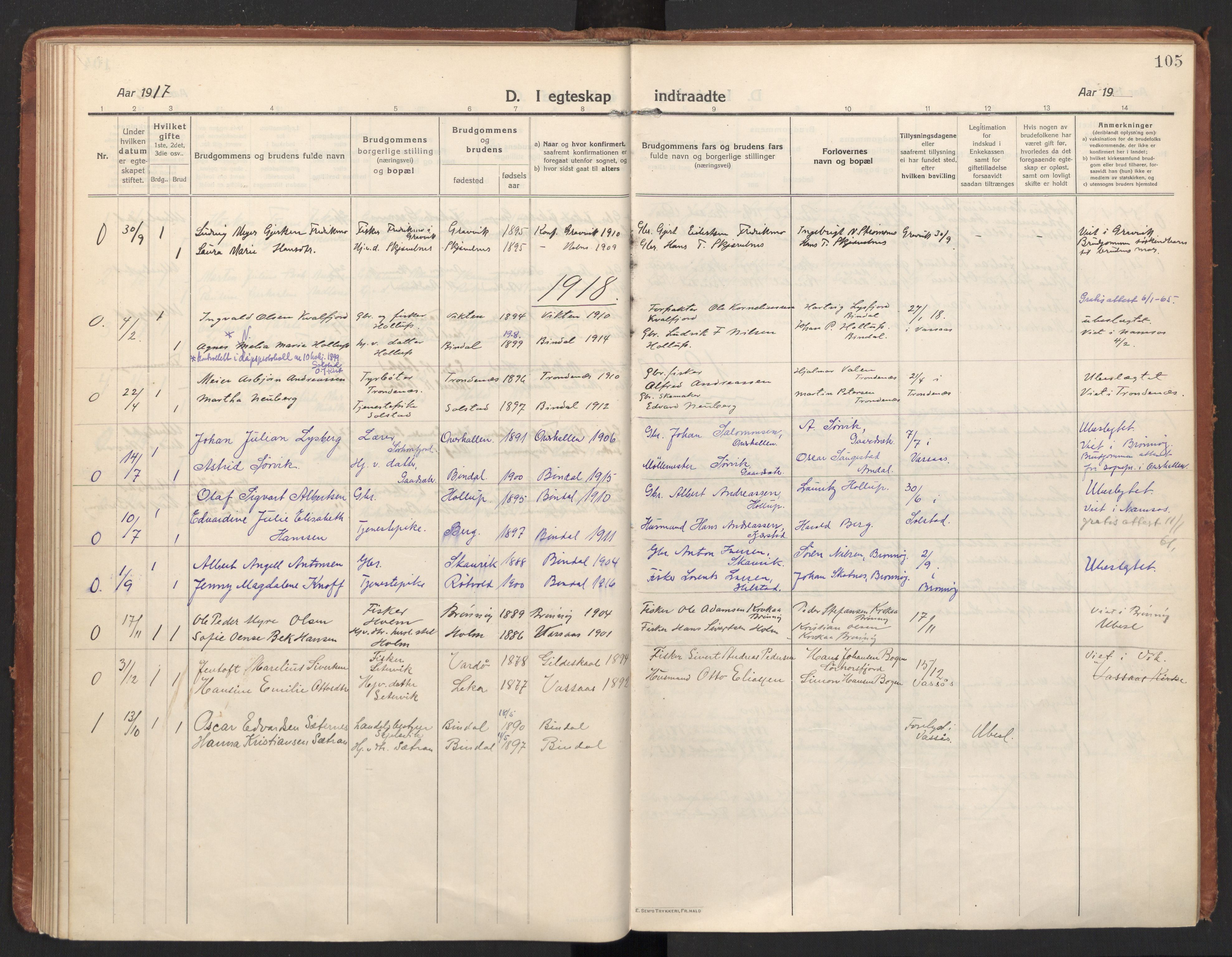 Ministerialprotokoller, klokkerbøker og fødselsregistre - Nordland, AV/SAT-A-1459/811/L0168: Parish register (official) no. 811A05, 1914-1932, p. 105