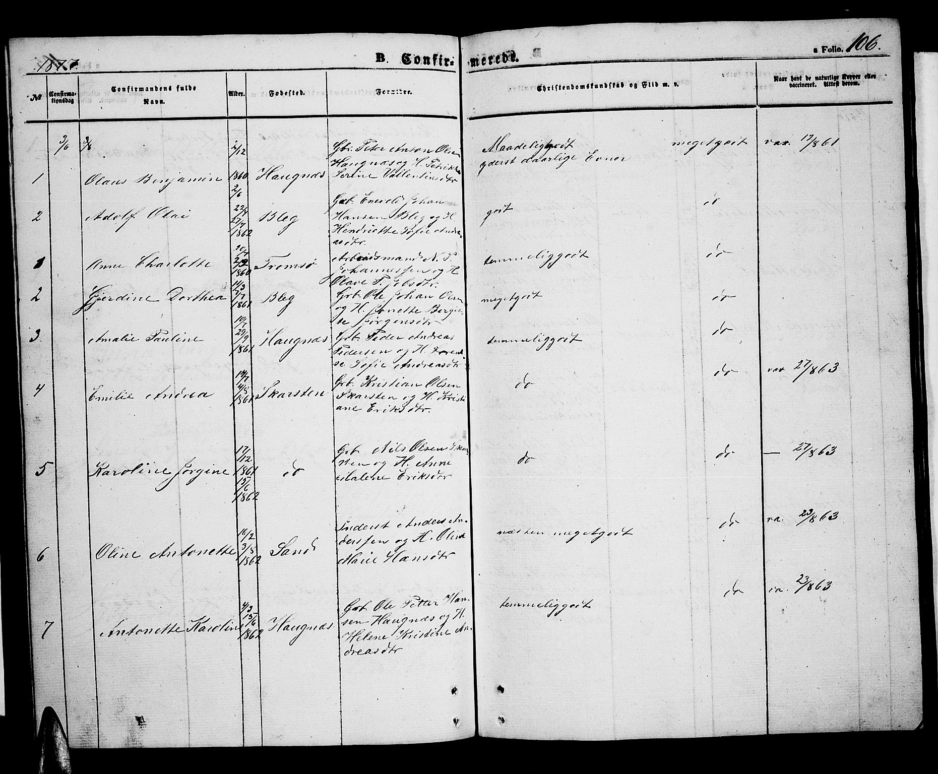 Ministerialprotokoller, klokkerbøker og fødselsregistre - Nordland, AV/SAT-A-1459/899/L1447: Parish register (copy) no. 899C02, 1855-1886, p. 106