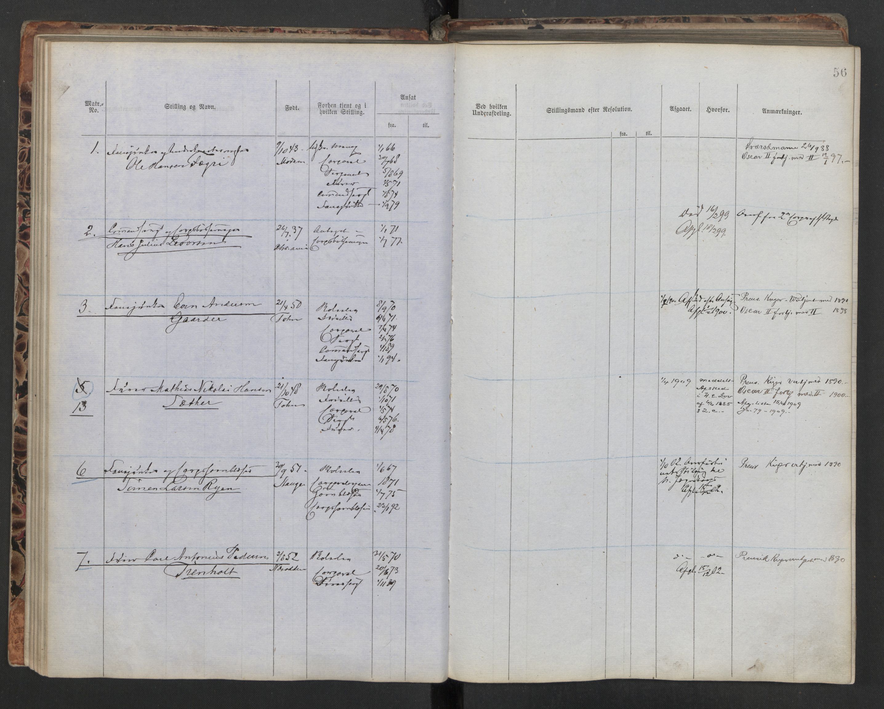 Forsvaret, Utskrivningsvesenet, Krigskommissariat Kristiania, RA/RAFA-3244/D/Db/L0297/0001: -- / Ruller Norske Jegerkorps/Garden, (født år), 1841-1894, p. 55b-56a