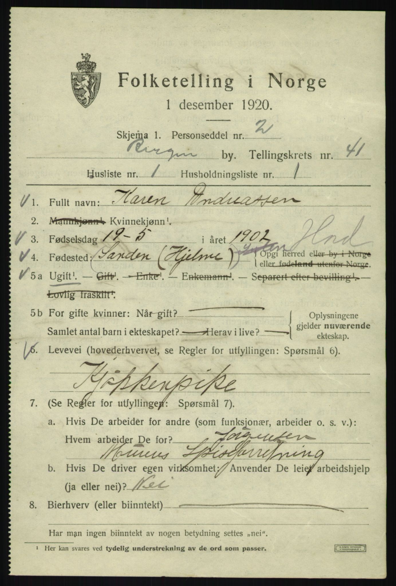 SAB, 1920 census for Bergen, 1920, p. 109222