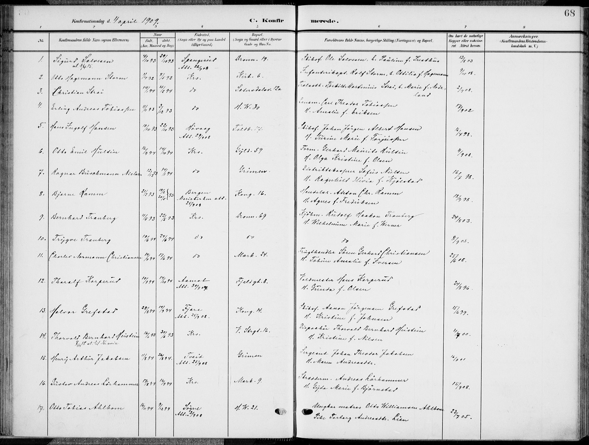 Kristiansand domprosti, AV/SAK-1112-0006/F/Fa/L0022: Parish register (official) no. A 21, 1905-1916, p. 68