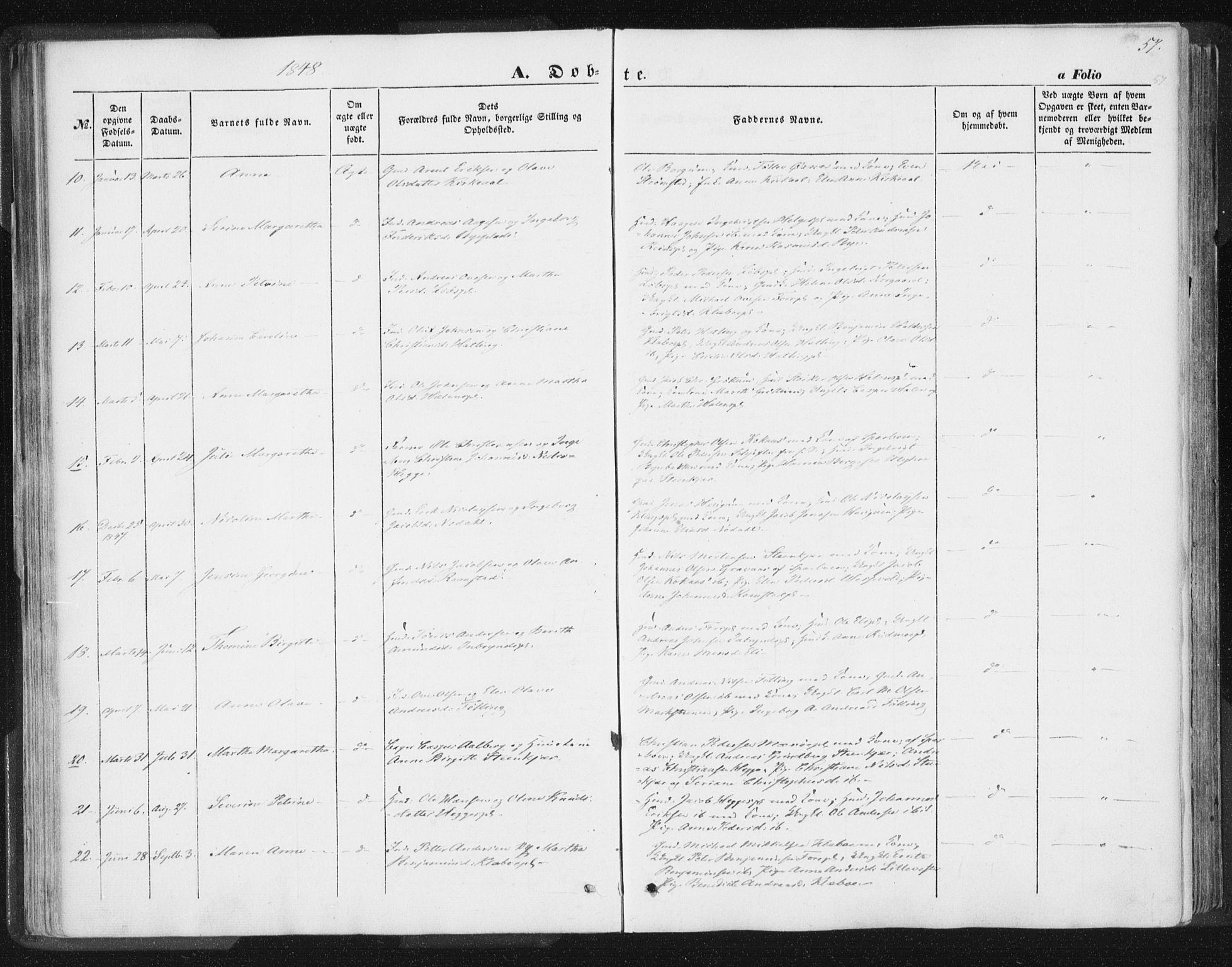 Ministerialprotokoller, klokkerbøker og fødselsregistre - Nord-Trøndelag, AV/SAT-A-1458/746/L0446: Parish register (official) no. 746A05, 1846-1859, p. 57