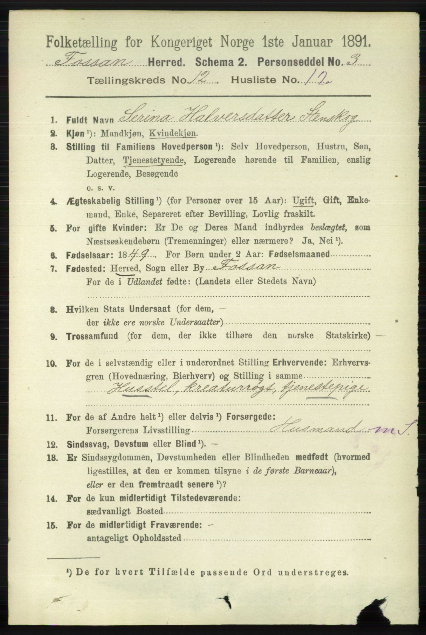 RA, 1891 census for 1129 Forsand, 1891, p. 2022