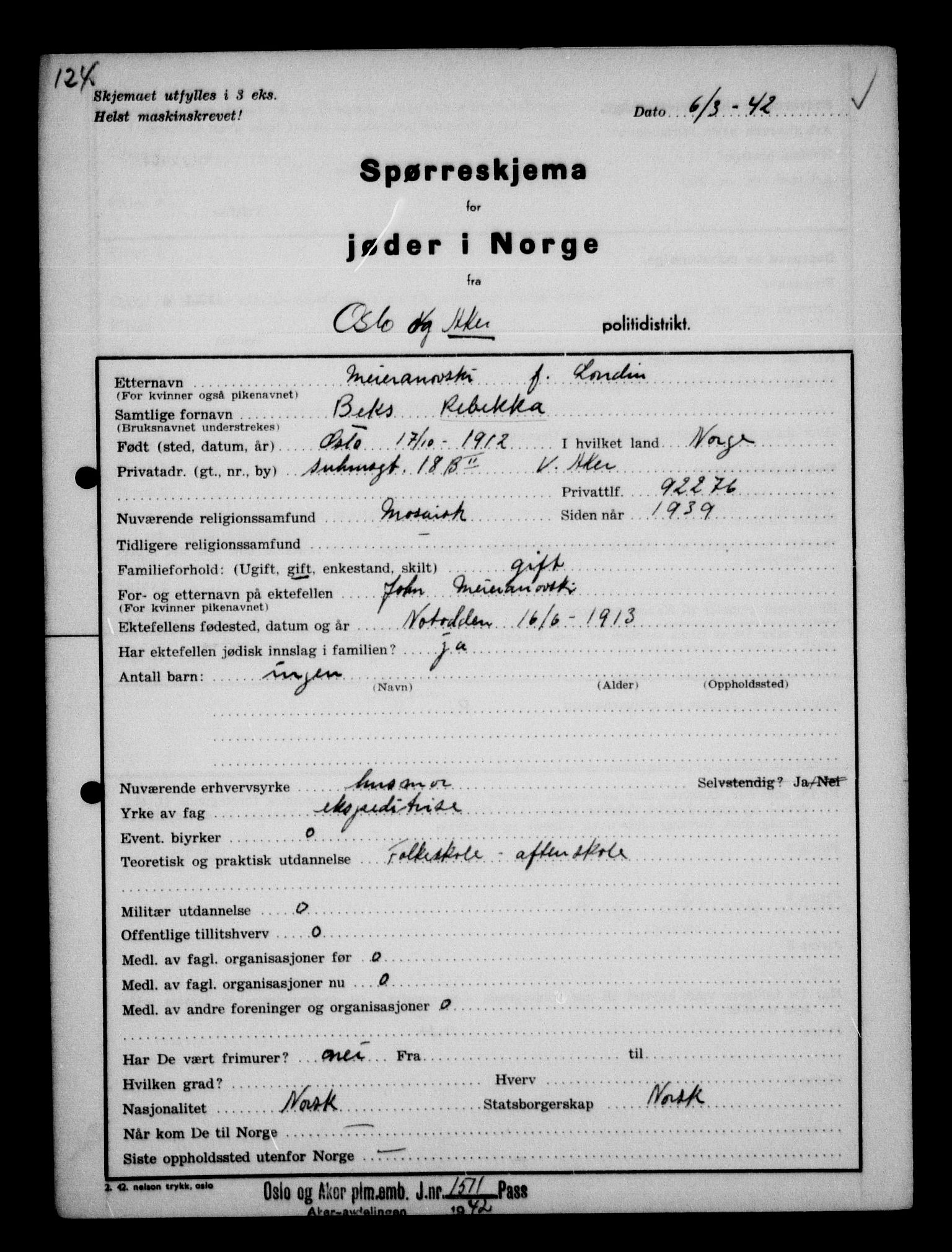 Statspolitiet - Hovedkontoret / Osloavdelingen, AV/RA-S-1329/G/Ga/L0012: Spørreskjema for jøder i Norge. 1: Aker 114- 207 (Levinson-Wozak) og 656 (Salomon). 2: Arendal-Hordaland. 3: Horten-Romerike.  , 1942, p. 33