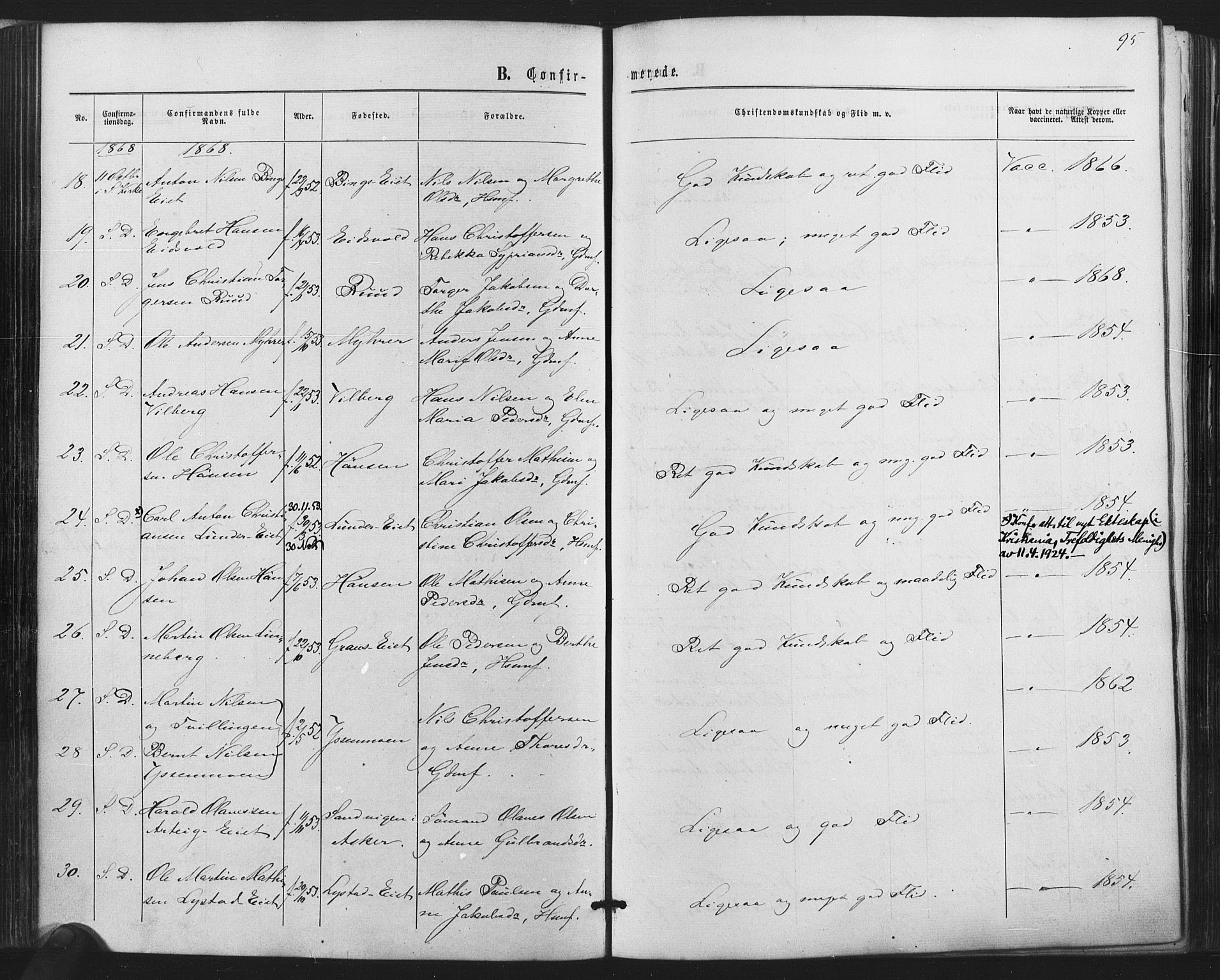 Sørum prestekontor Kirkebøker, AV/SAO-A-10303/F/Fa/L0006: Parish register (official) no. I 6, 1864-1877, p. 95