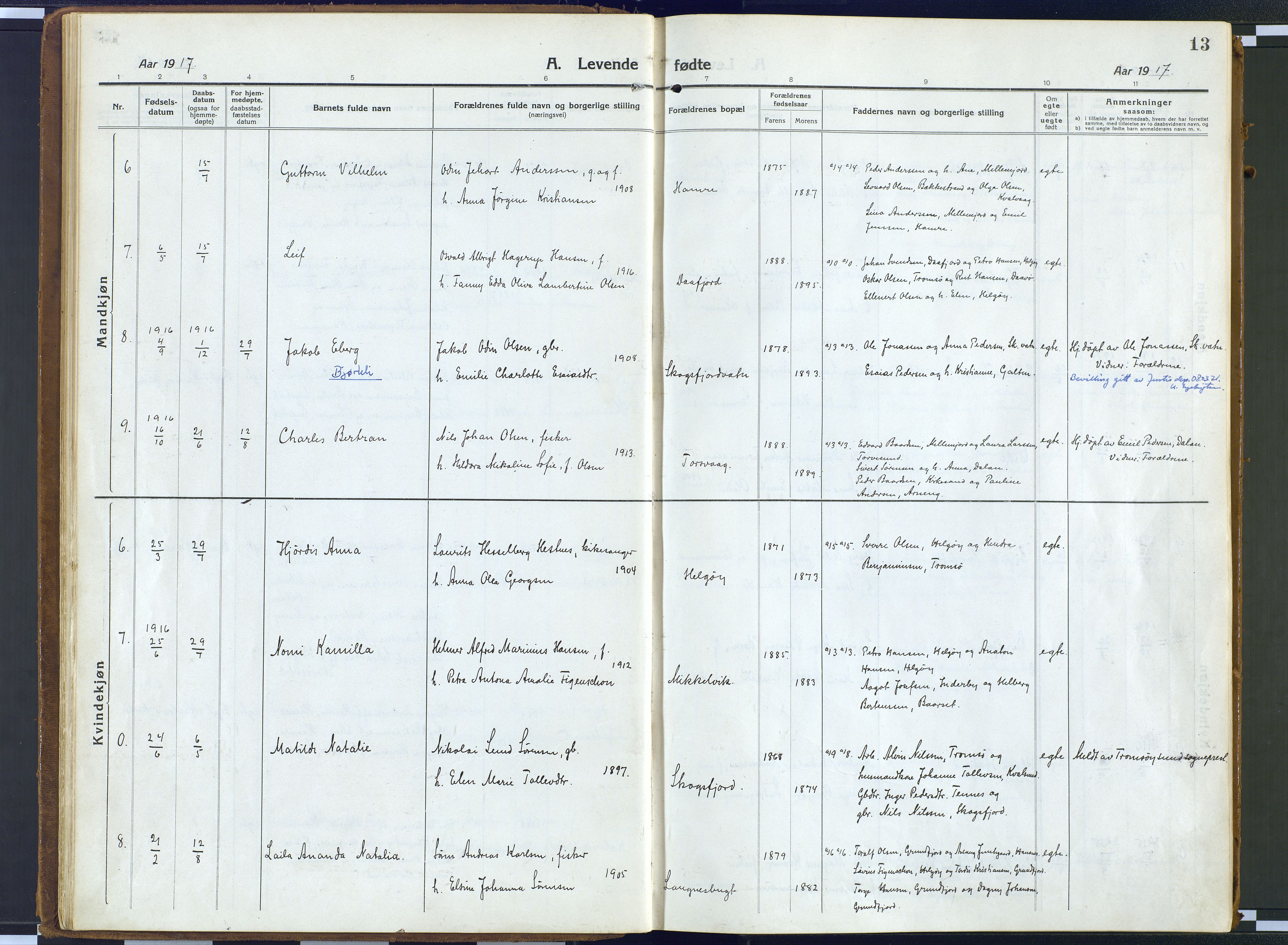 Karlsøy sokneprestembete, AV/SATØ-S-1299/H/Ha/Haa/L0016kirke: Parish register (official) no. 16, 1916-1934, p. 13