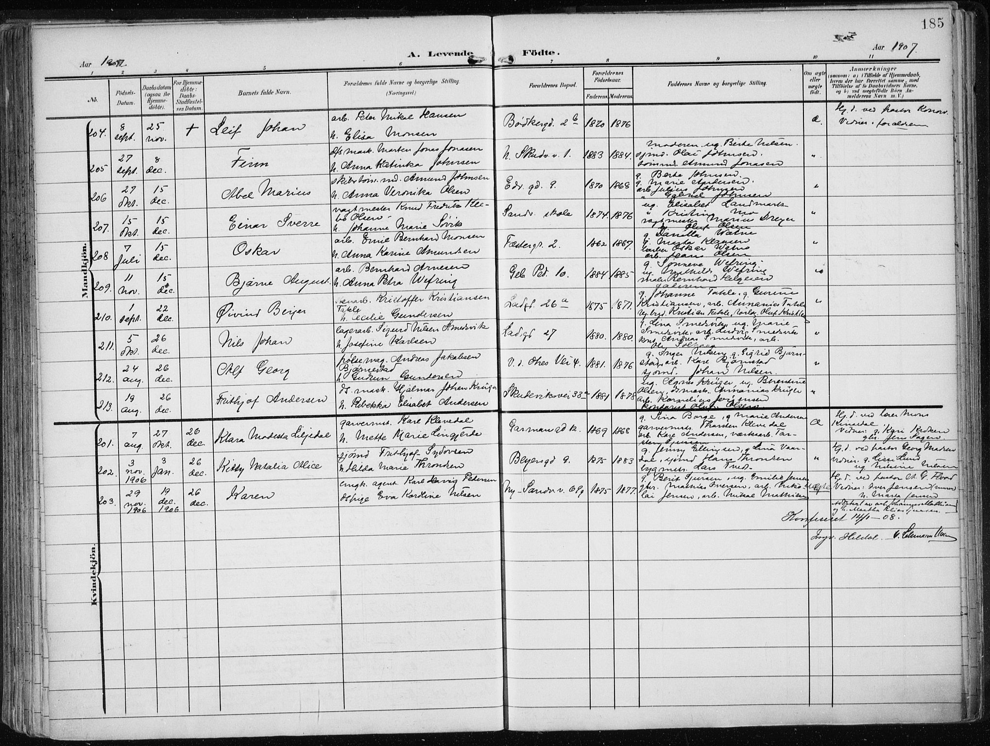 Sandviken Sokneprestembete, AV/SAB-A-77601/H/Ha/L0006: Parish register (official) no. B 3, 1901-1912, p. 185