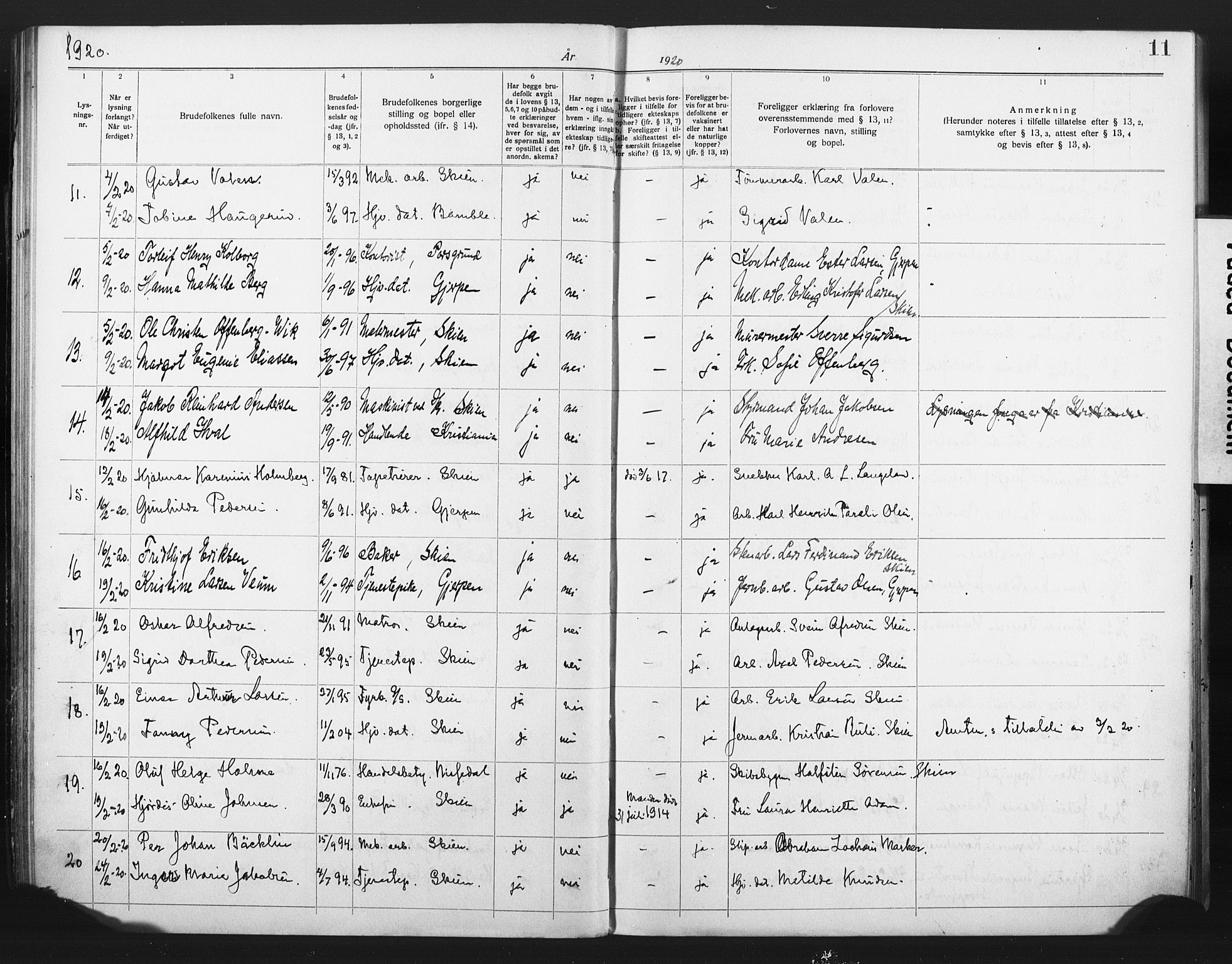 Skien kirkebøker, SAKO/A-302/H/Ha/L0001: Banns register no. 1, 1919-1929, p. 11