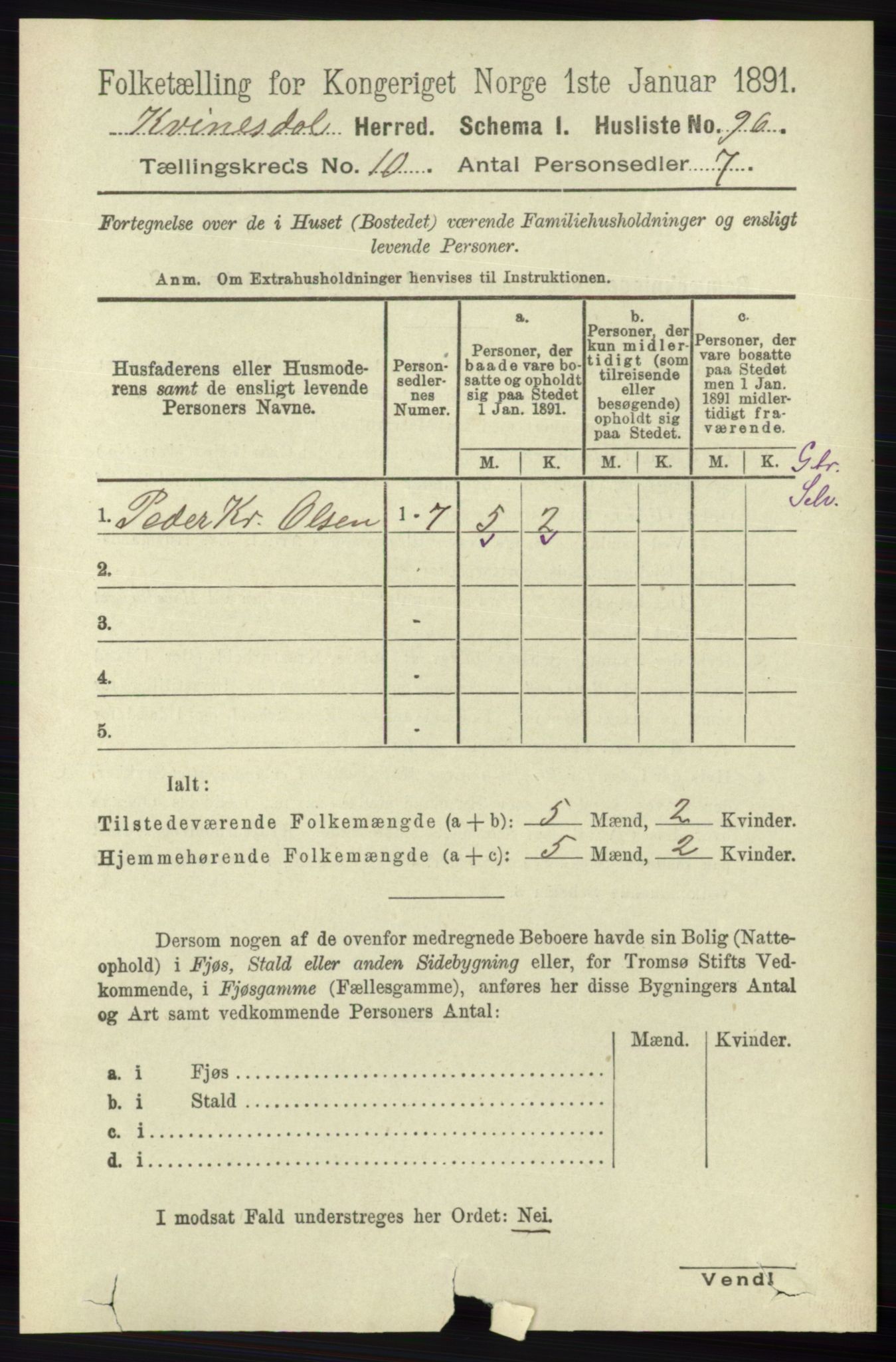 RA, 1891 census for 1037 Kvinesdal, 1891, p. 3849