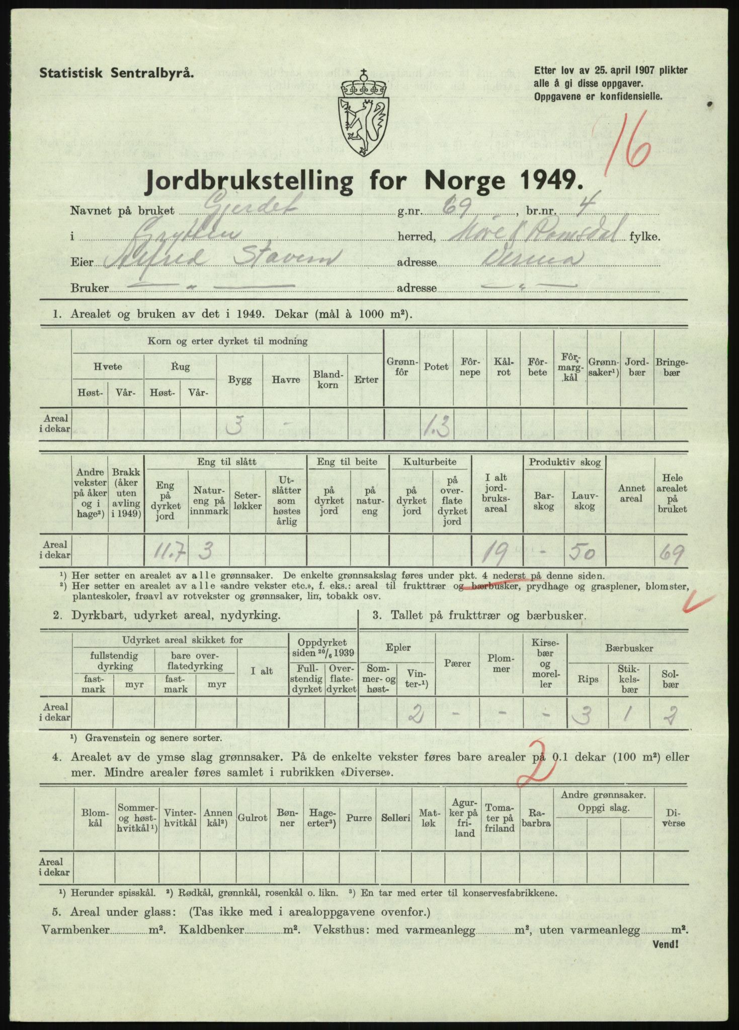 Statistisk sentralbyrå, Næringsøkonomiske emner, Jordbruk, skogbruk, jakt, fiske og fangst, AV/RA-S-2234/G/Gc/L0323: Møre og Romsdal: Grytten og Hen, 1949, p. 93