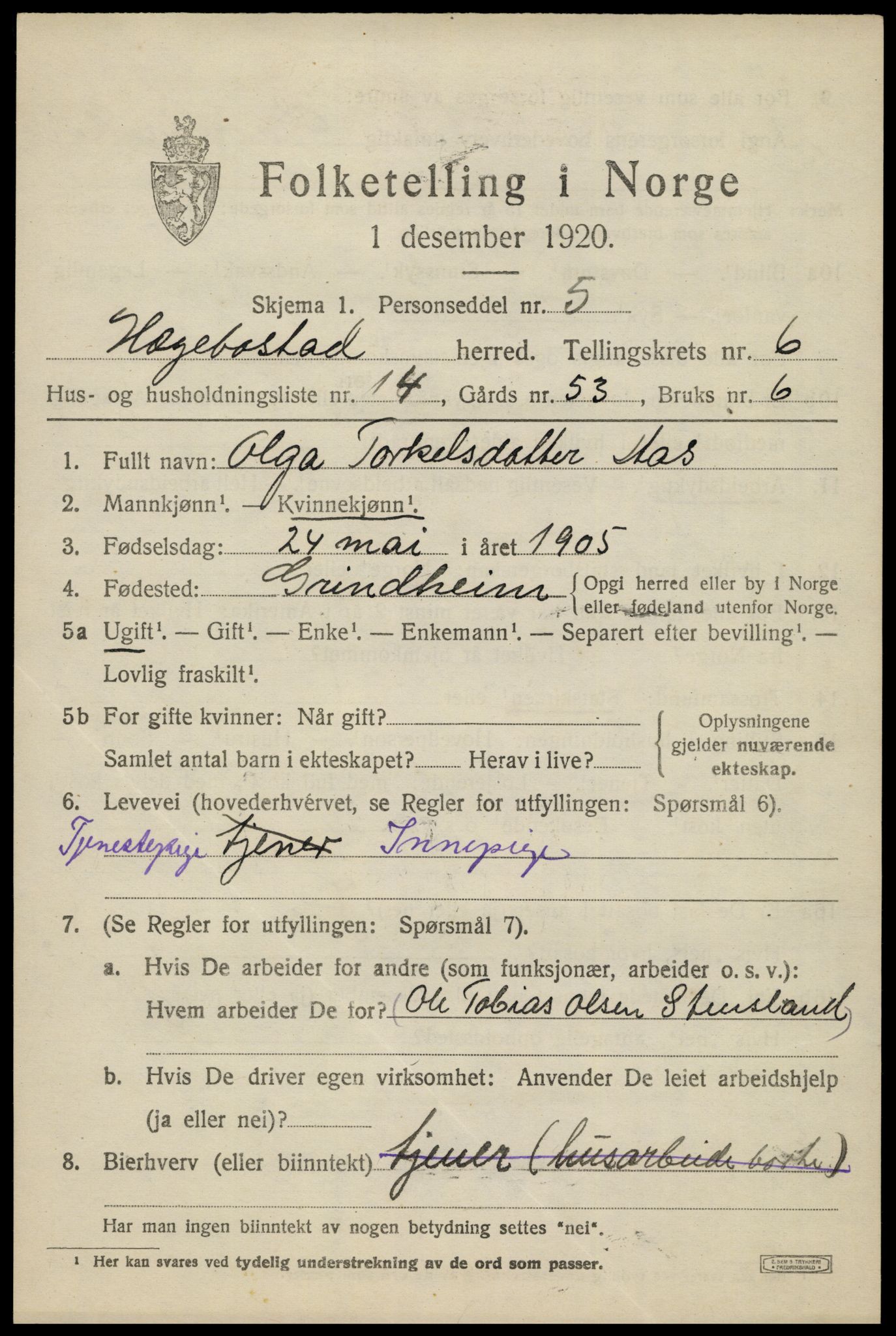 SAK, 1920 census for Hægebostad, 1920, p. 2107