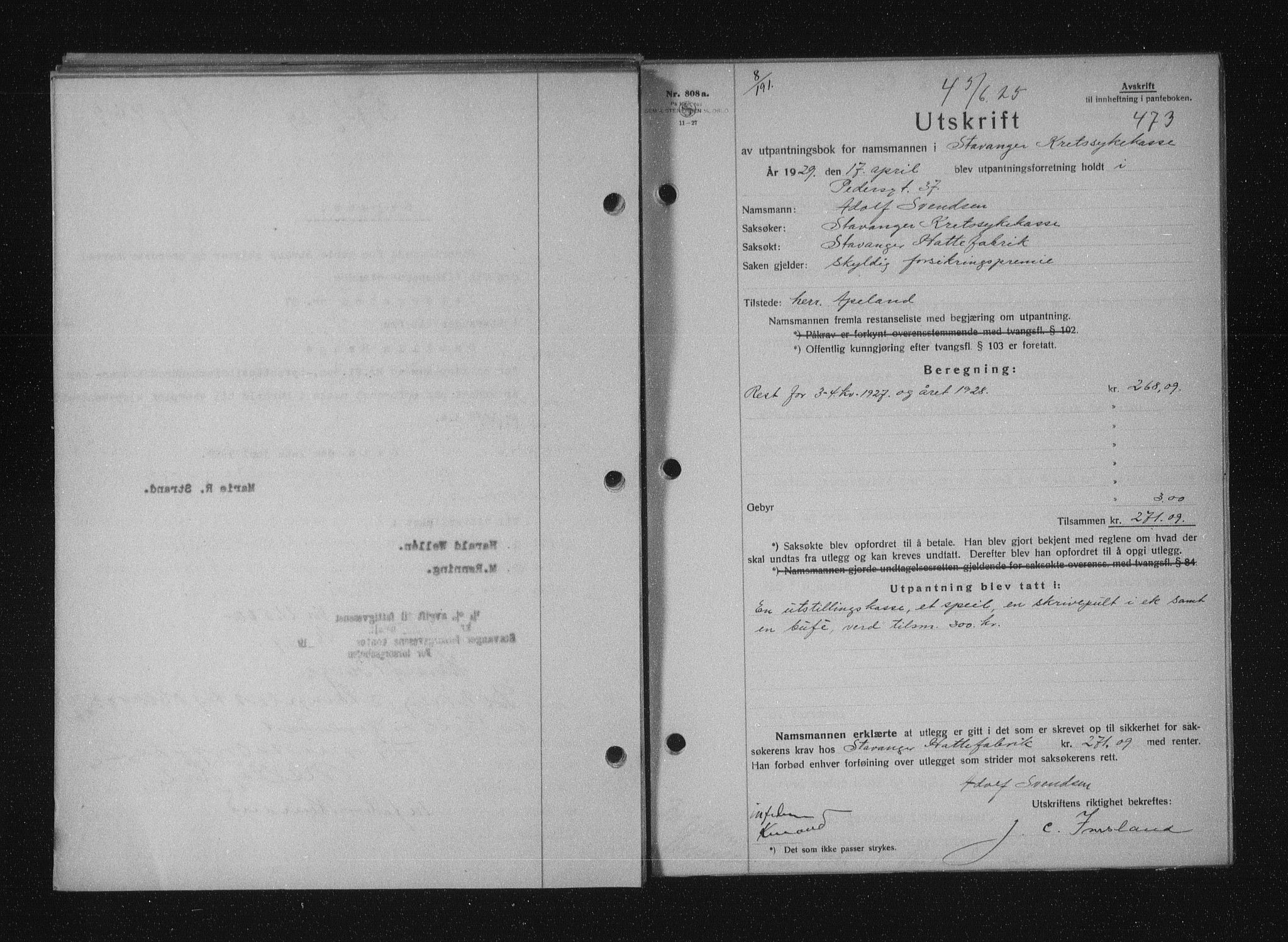 Stavanger byfogd, SAST/A-101408/001/4/41/410/410BB/L0055: Mortgage book no. 43, 1928-1929, Deed date: 05.06.1929