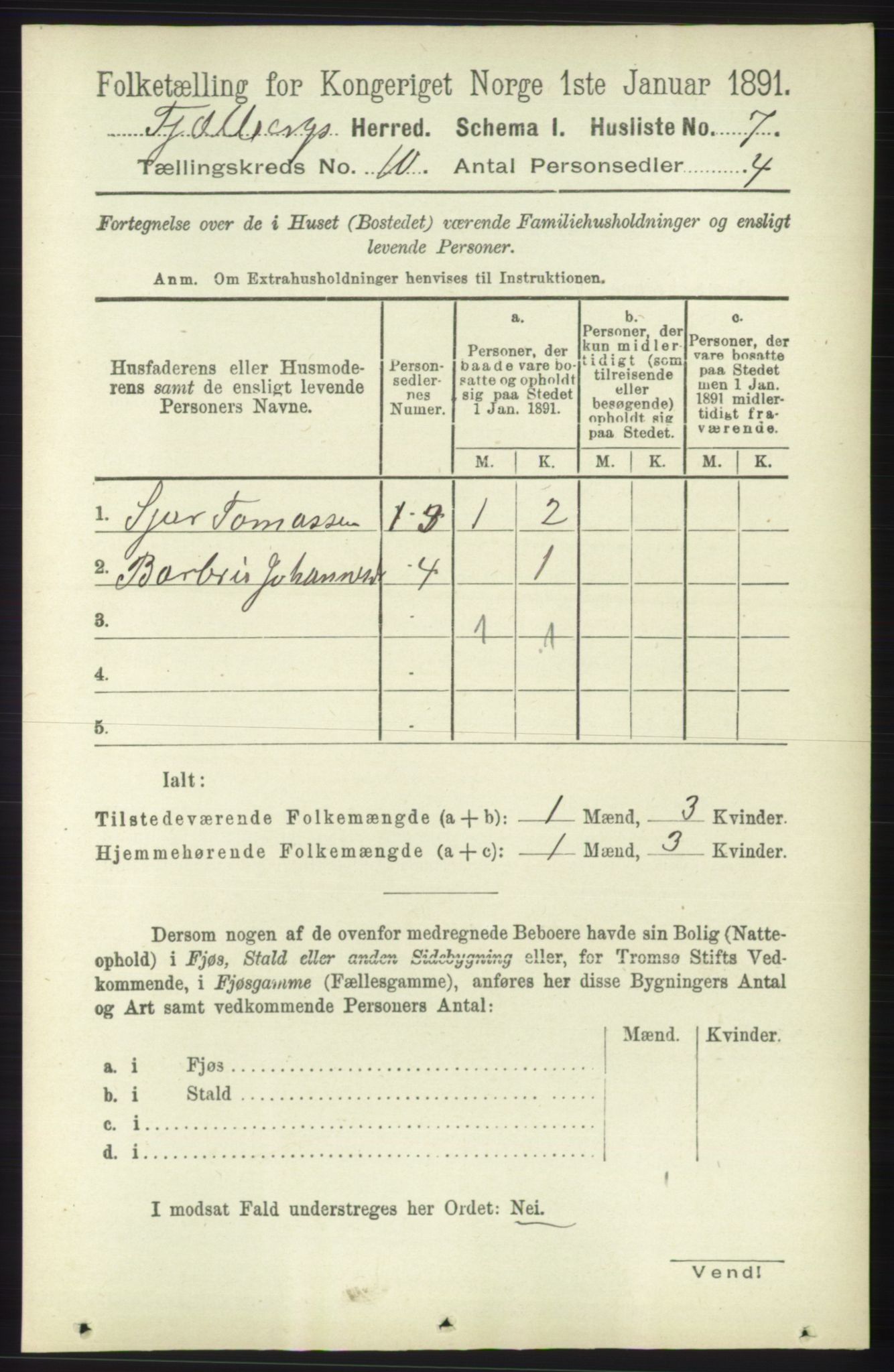 RA, 1891 census for 1213 Fjelberg, 1891, p. 3741