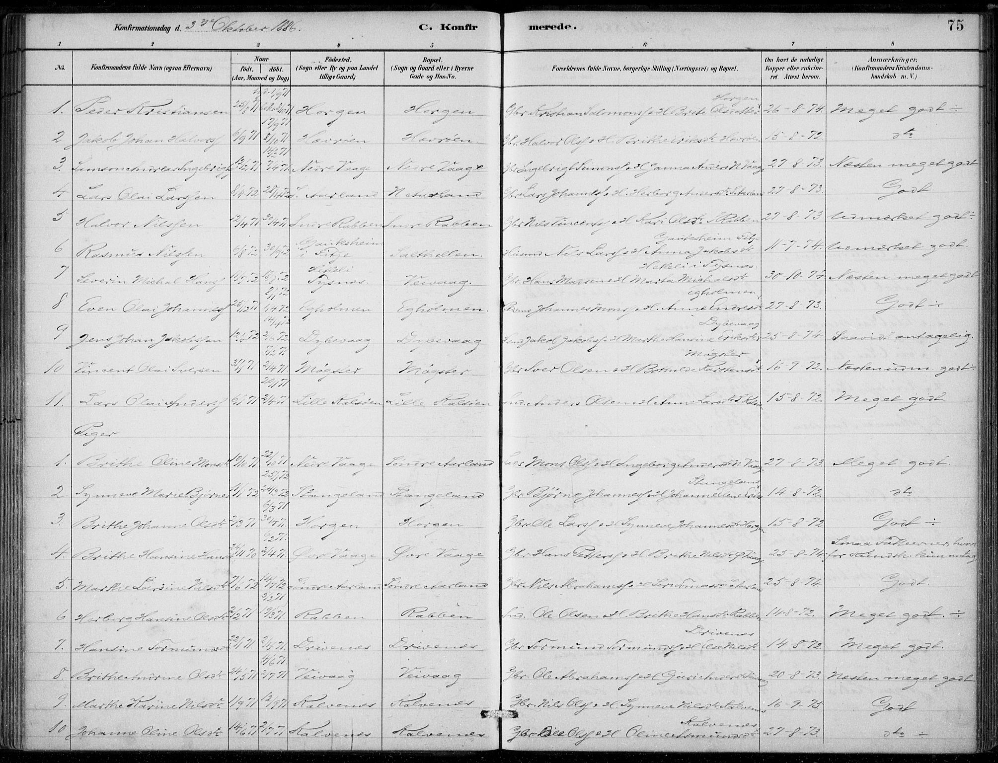 Sund sokneprestembete, AV/SAB-A-99930: Parish register (official) no. D 1, 1882-1899, p. 75