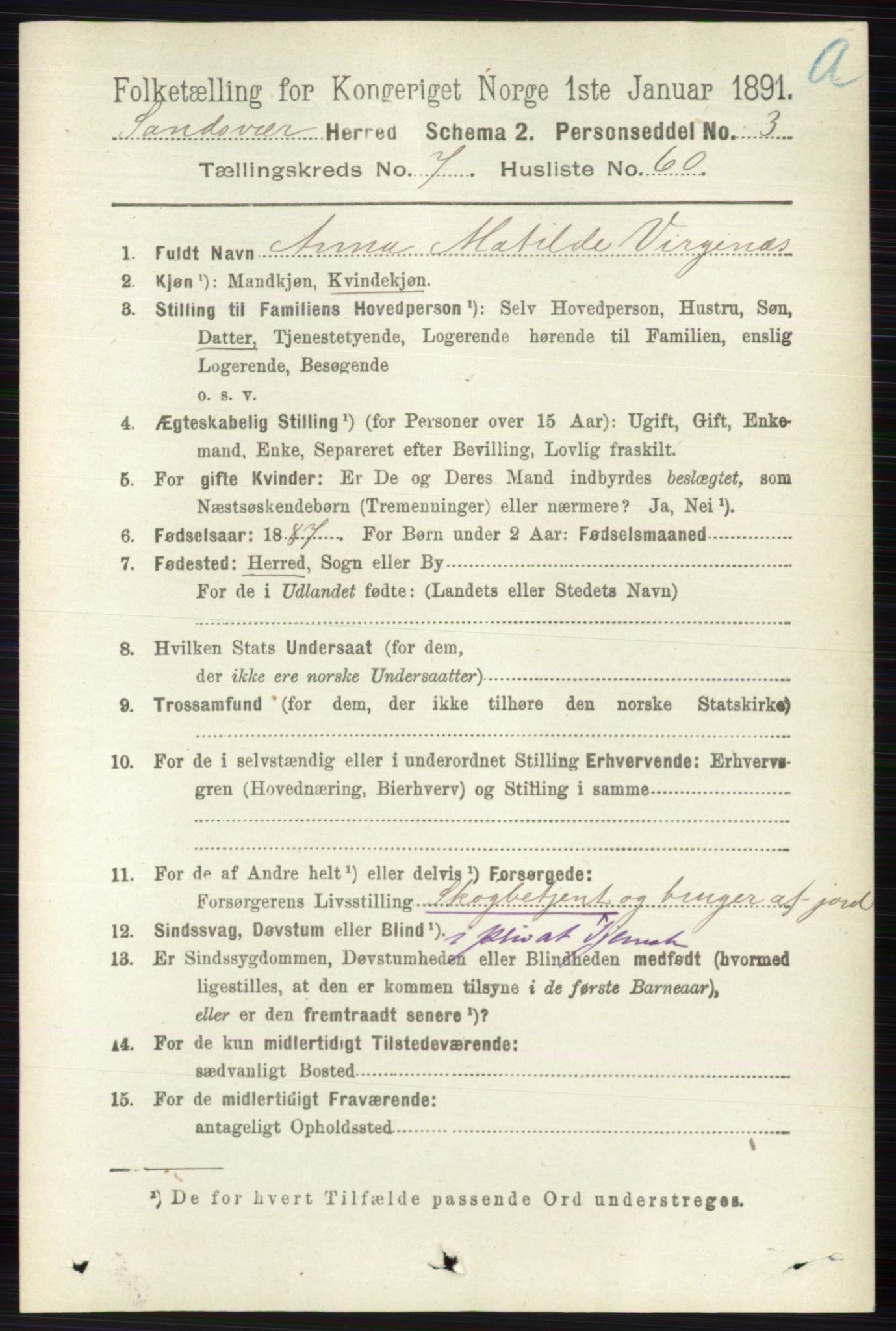 RA, 1891 census for 0629 Sandsvær, 1891, p. 4263