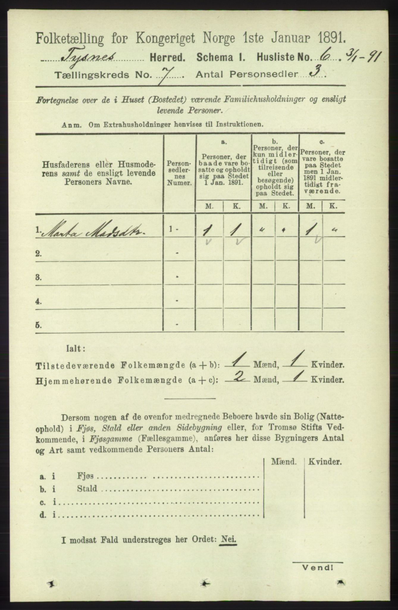 RA, 1891 census for 1223 Tysnes, 1891, p. 2766