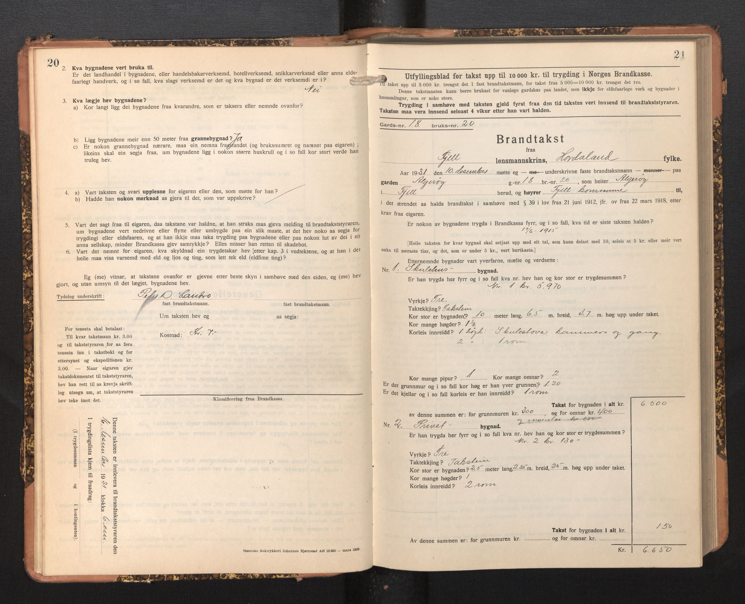 Lensmannen i Fjell, AV/SAB-A-32301/0012/L0006: Branntakstprotokoll, skjematakst, 1931-1945, p. 20-21