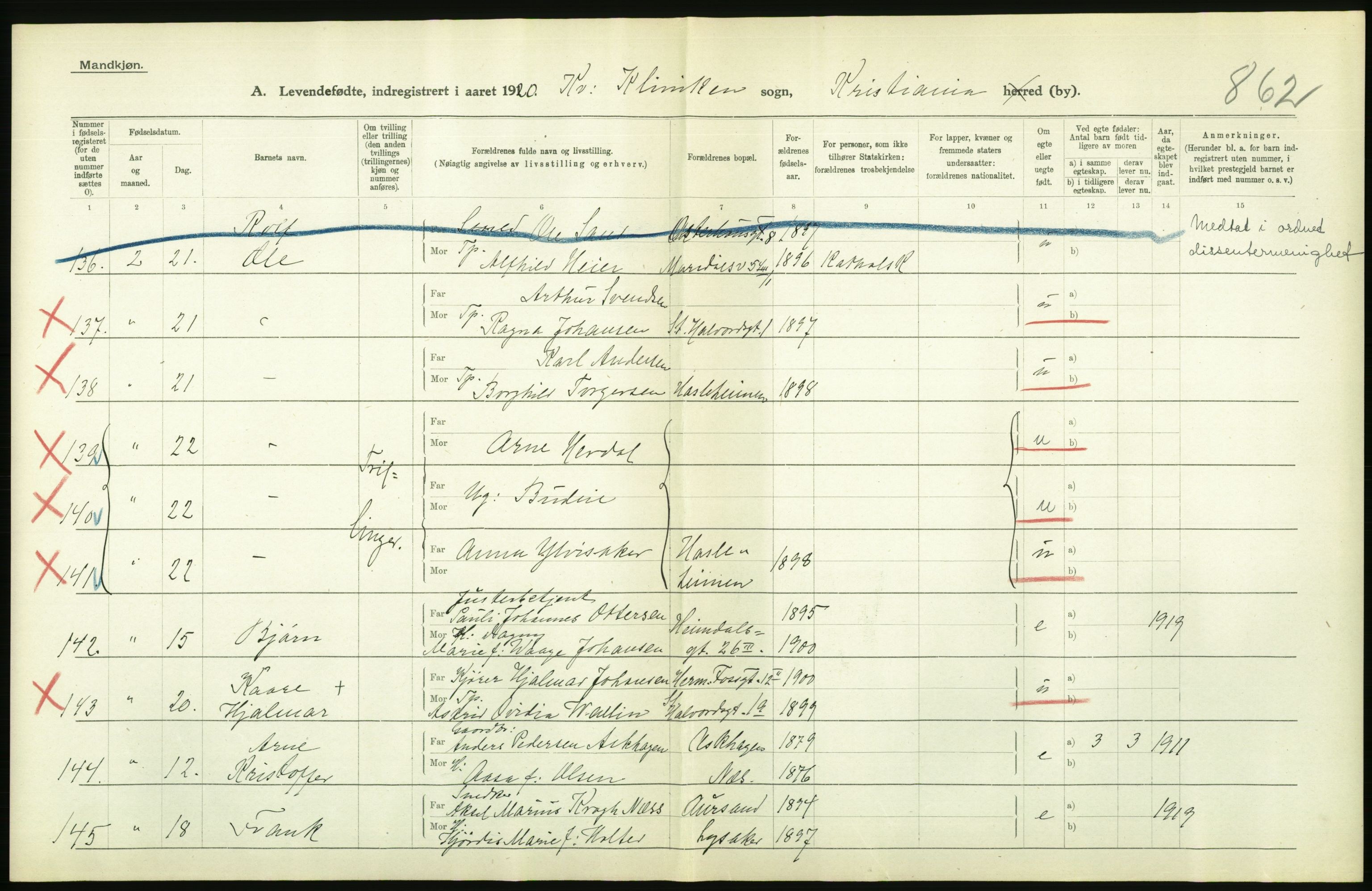 Statistisk sentralbyrå, Sosiodemografiske emner, Befolkning, AV/RA-S-2228/D/Df/Dfb/Dfbj/L0008: Kristiania: Levendefødte menn og kvinner., 1920, p. 350