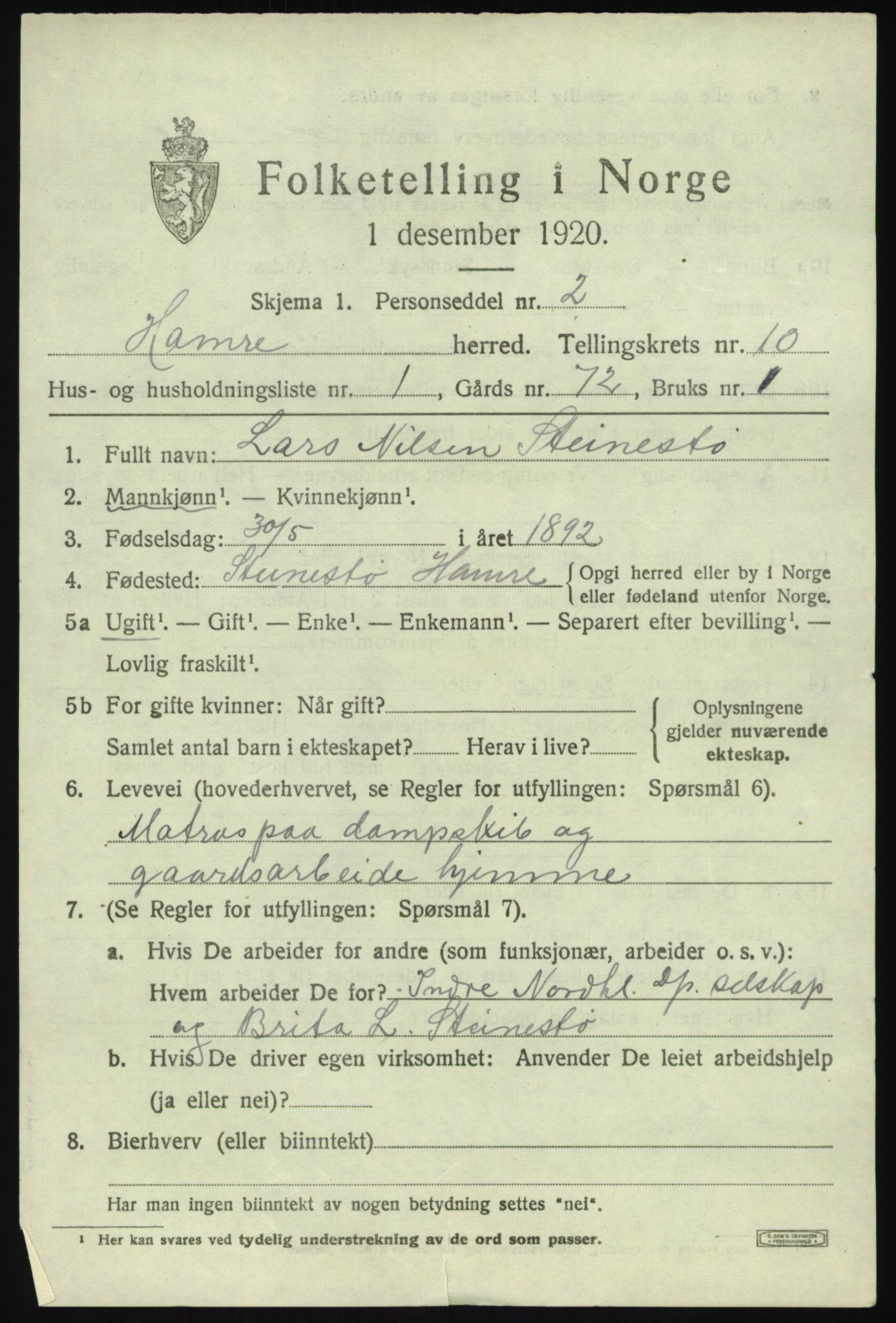 SAB, 1920 census for Hamre, 1920, p. 5967