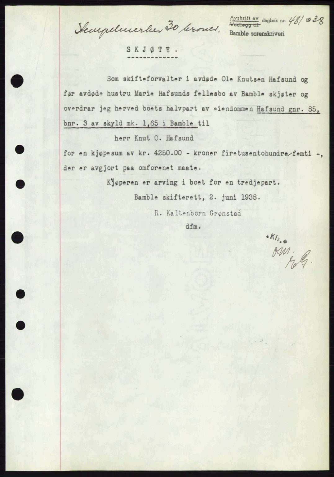 Bamble sorenskriveri, AV/SAKO-A-214/G/Ga/Gag/L0002: Mortgage book no. A-2, 1937-1938, Diary no: : 481/1938