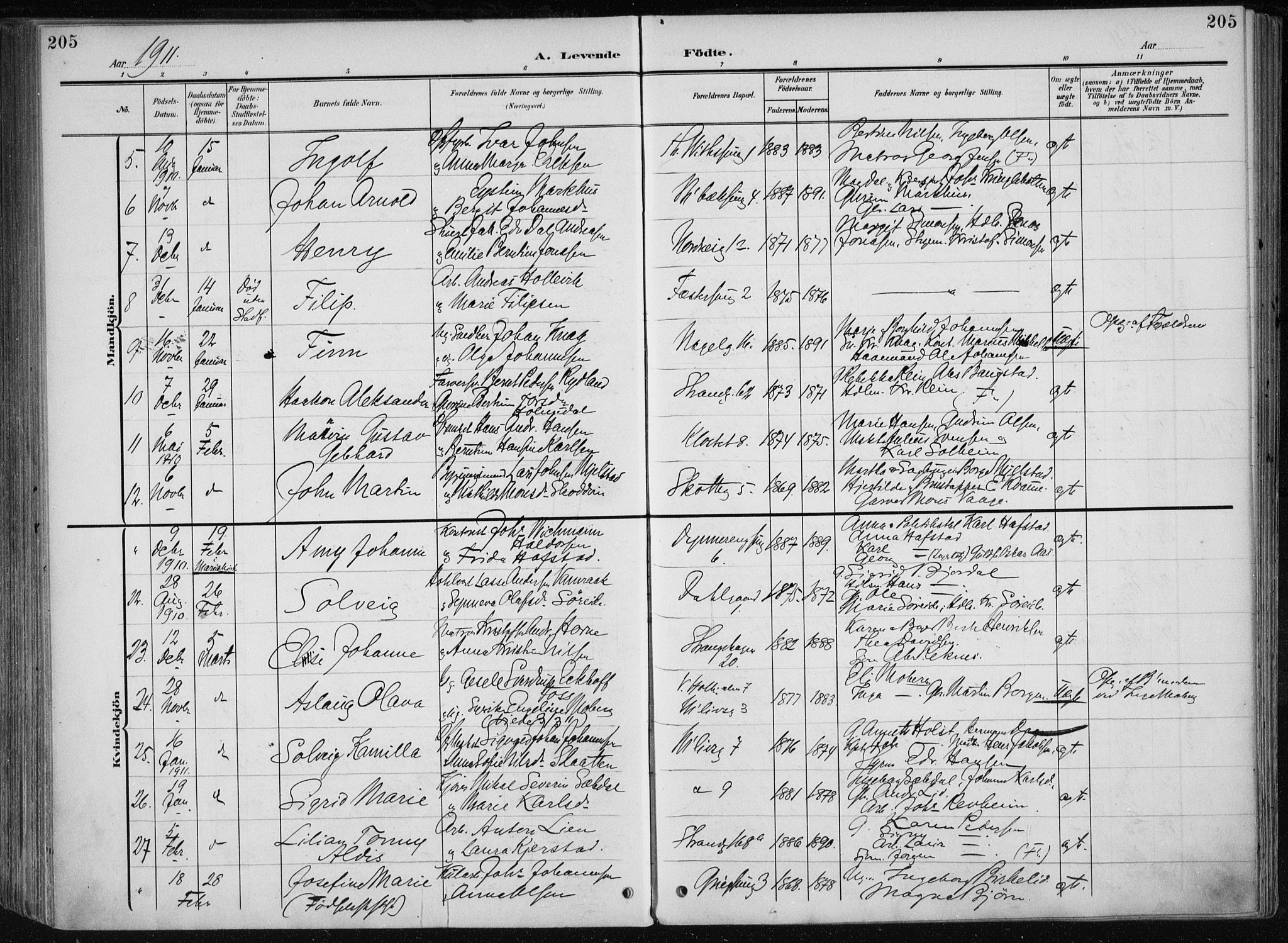 Nykirken Sokneprestembete, AV/SAB-A-77101/H/Haa/L0019: Parish register (official) no. B 7, 1904-1916, p. 205