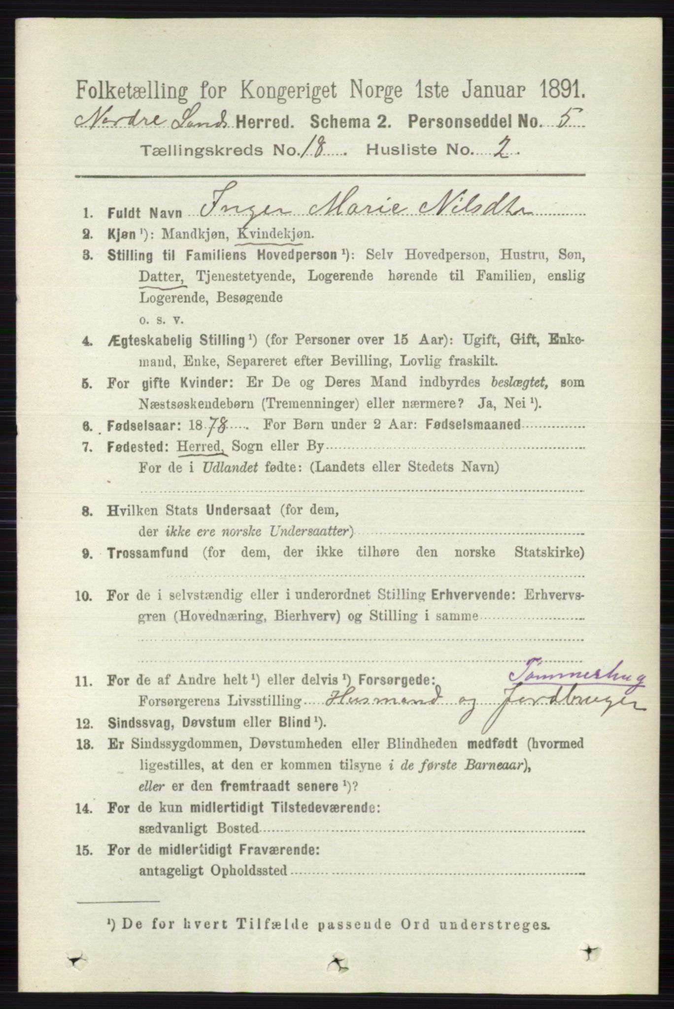 RA, 1891 census for 0538 Nordre Land, 1891, p. 4398