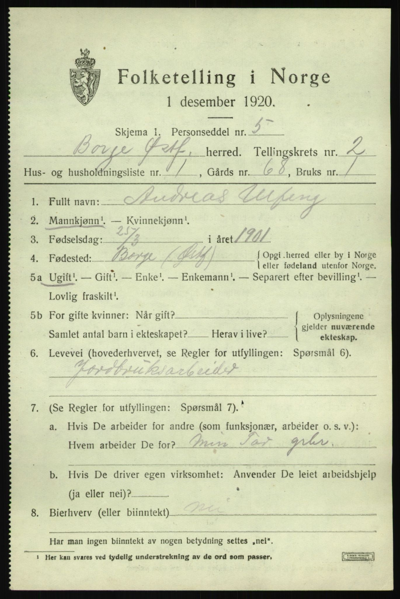 SAO, 1920 census for Borge, 1920, p. 3017