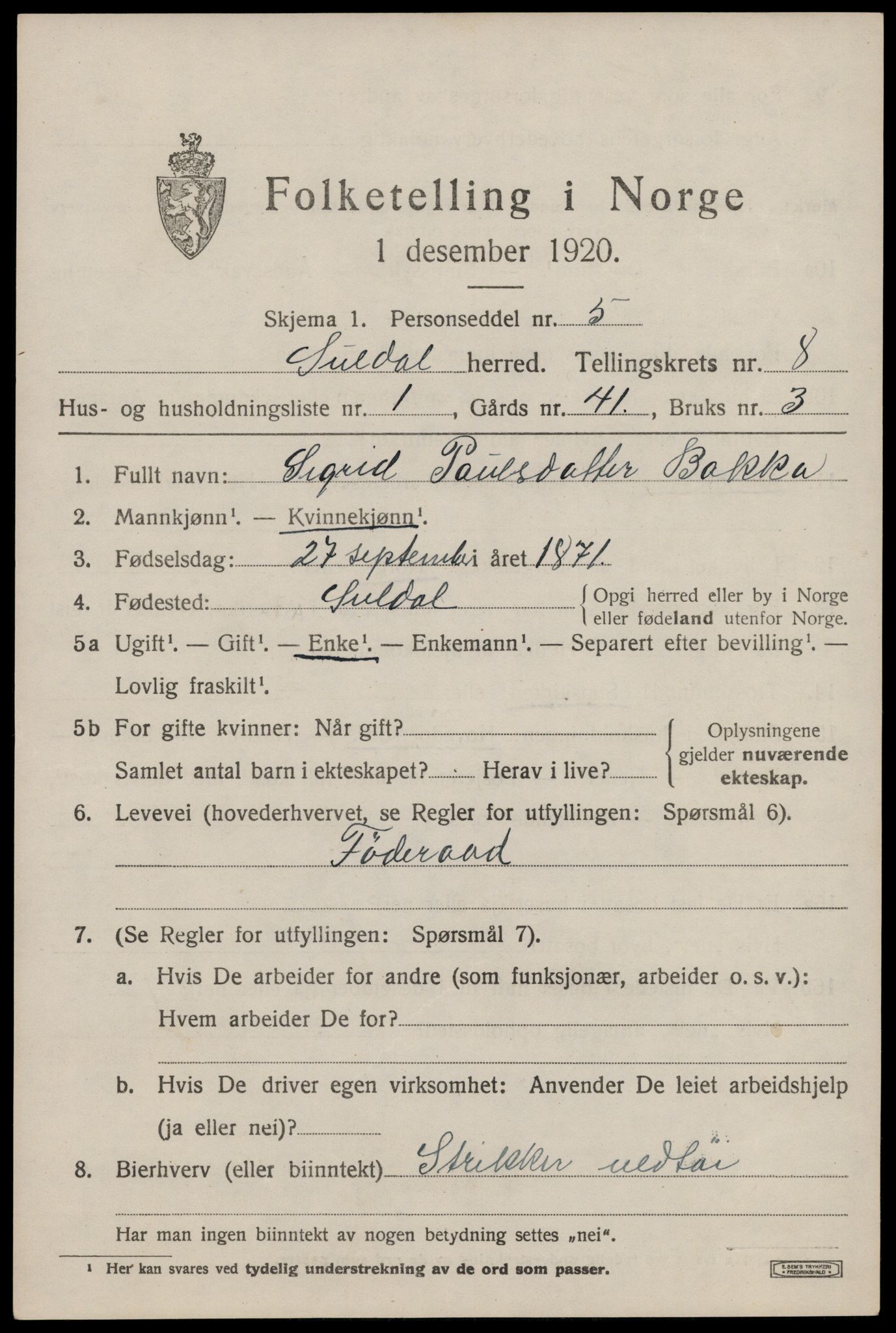 SAST, 1920 census for Suldal, 1920, p. 1858