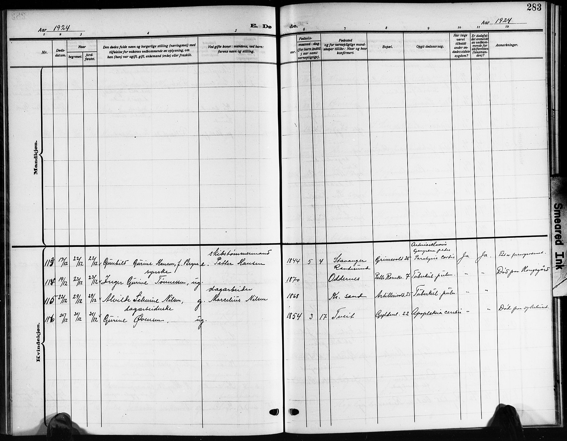 Kristiansand domprosti, AV/SAK-1112-0006/F/Fb/L0022: Parish register (copy) no. B 22, 1915-1925, p. 283