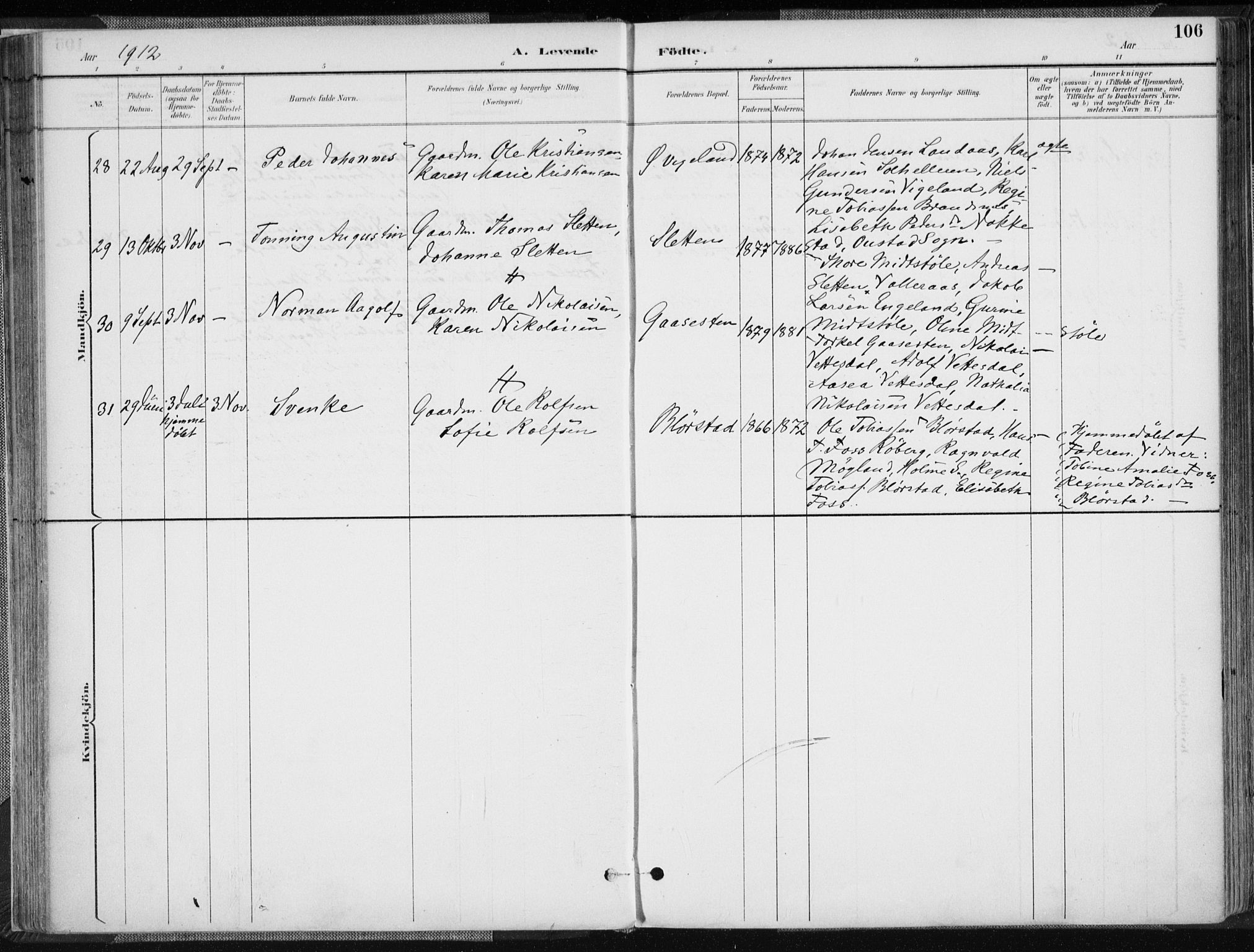 Sør-Audnedal sokneprestkontor, AV/SAK-1111-0039/F/Fa/Fab/L0010: Parish register (official) no. A 10, 1892-1913, p. 106