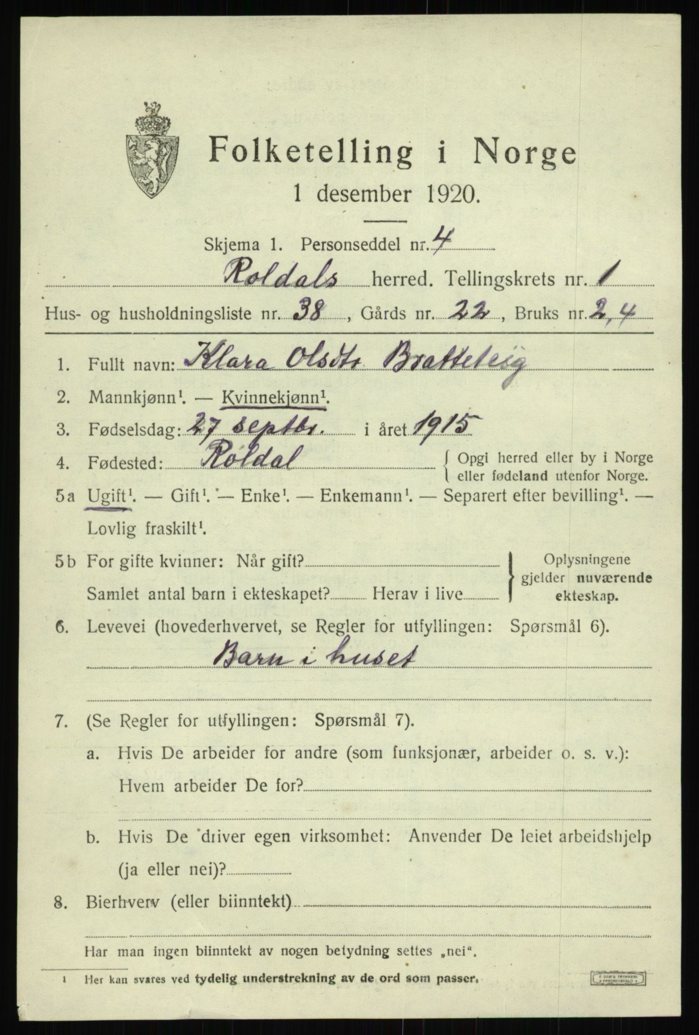 SAB, 1920 census for Røldal, 1920, p. 731