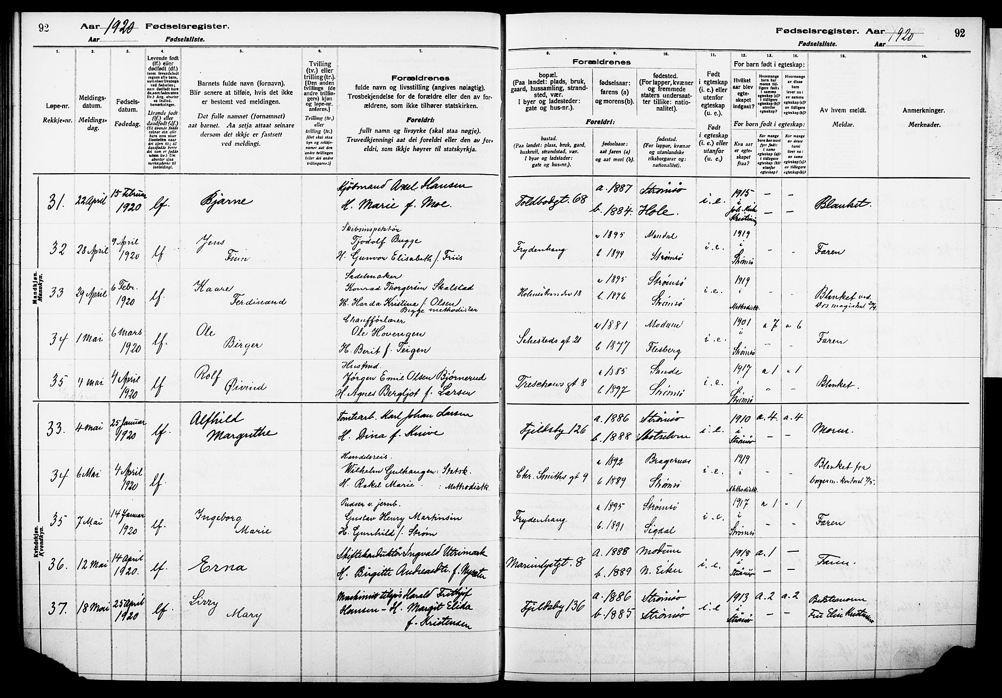 Strømsø kirkebøker, AV/SAKO-A-246/J/Ja/L0001: Birth register no. I 1, 1916-1925, p. 92