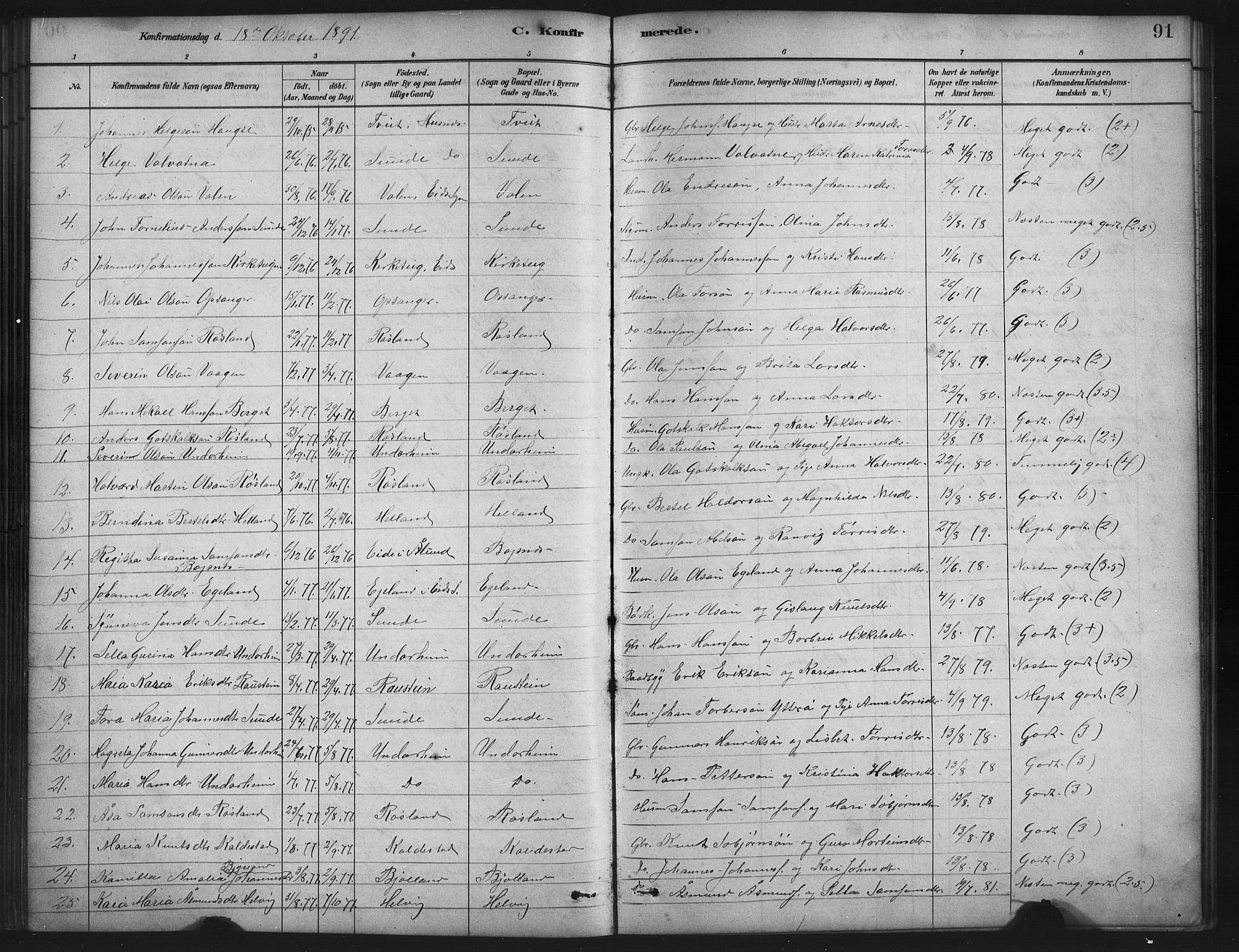 Husnes Sokneprestembete, SAB/A-75901/H/Hab: Parish register (copy) no. A 2, 1881-1917, p. 91