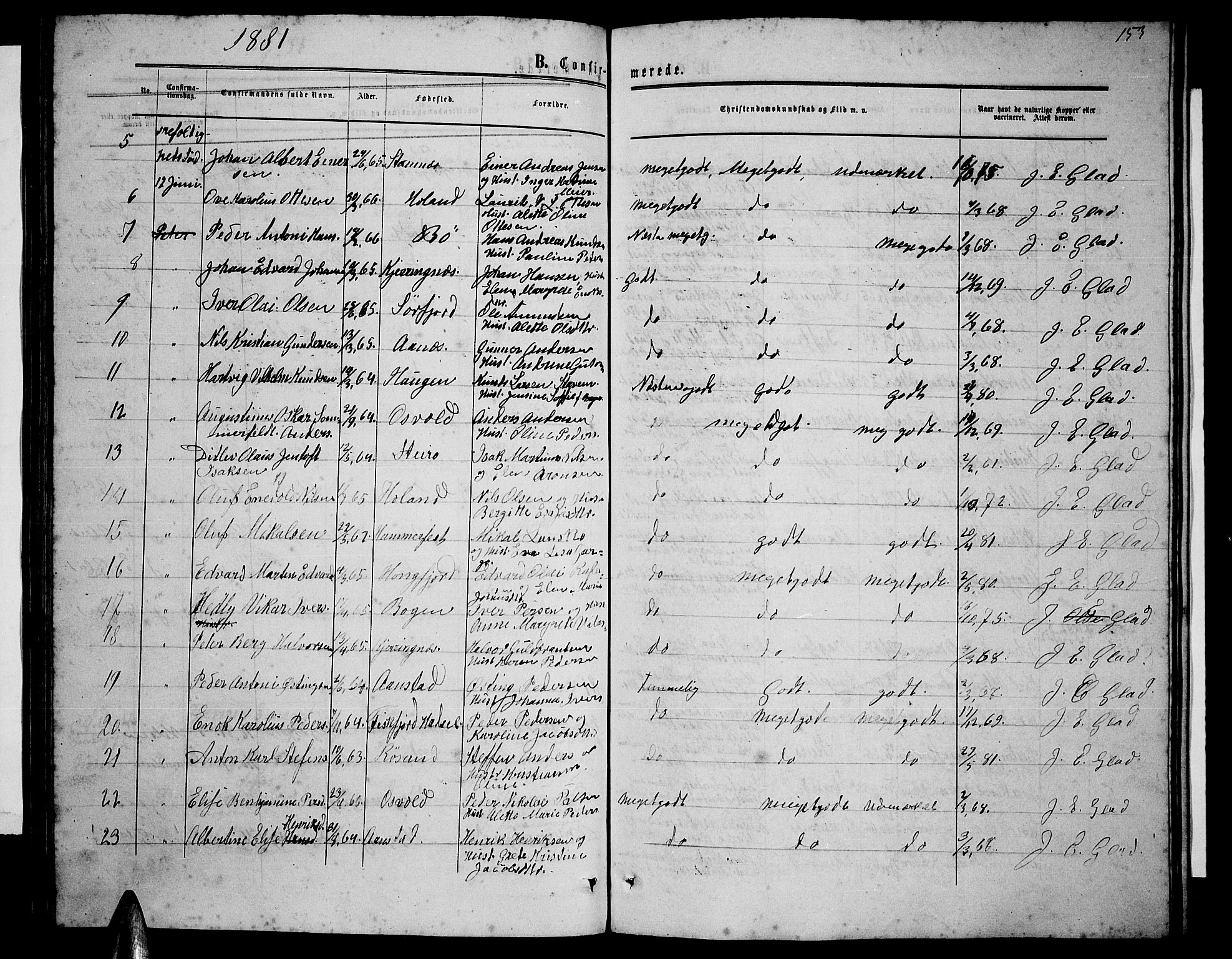 Ministerialprotokoller, klokkerbøker og fødselsregistre - Nordland, AV/SAT-A-1459/895/L1381: Parish register (copy) no. 895C03, 1864-1885, p. 153