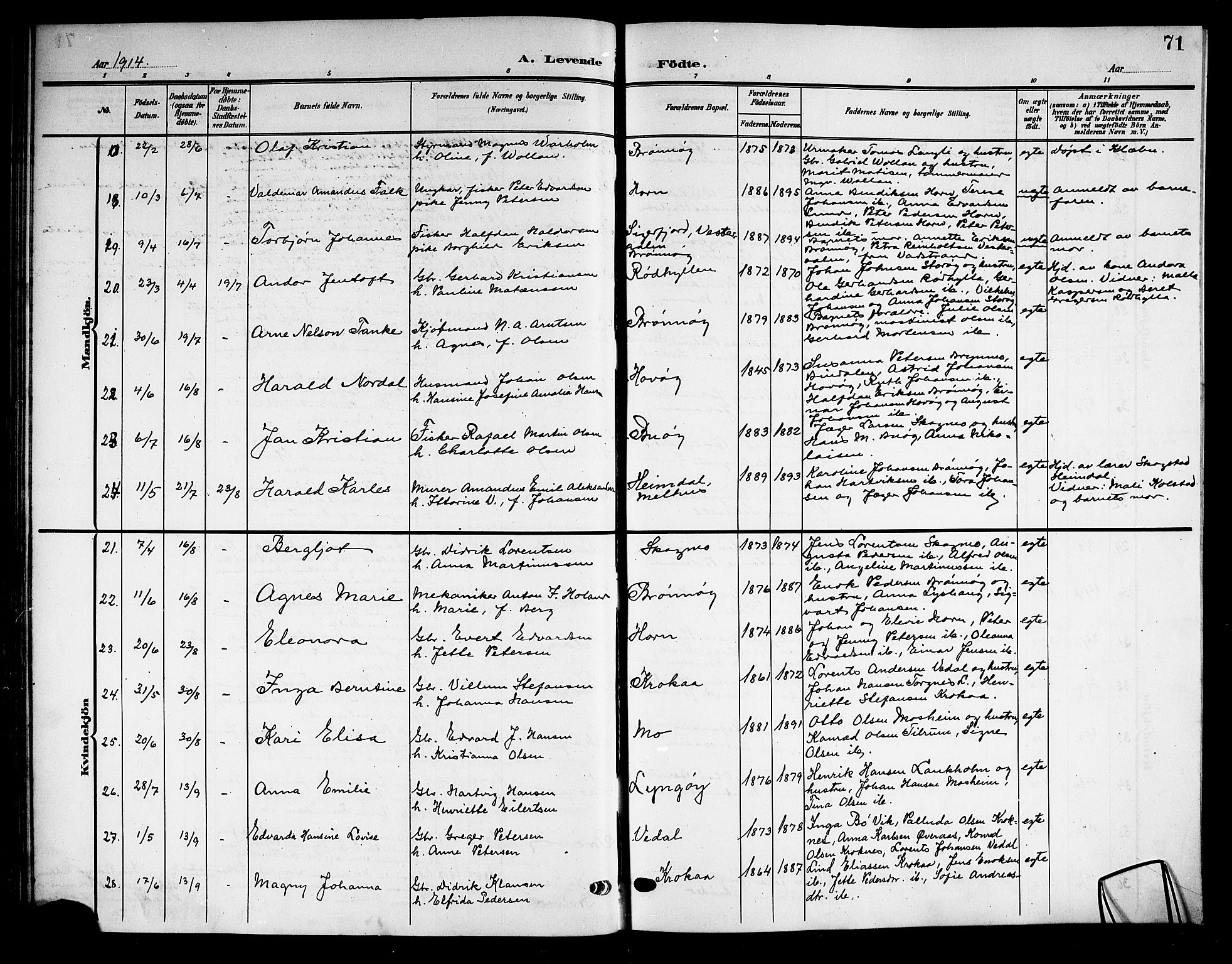 Ministerialprotokoller, klokkerbøker og fødselsregistre - Nordland, AV/SAT-A-1459/813/L0214: Parish register (copy) no. 813C06, 1904-1917, p. 71