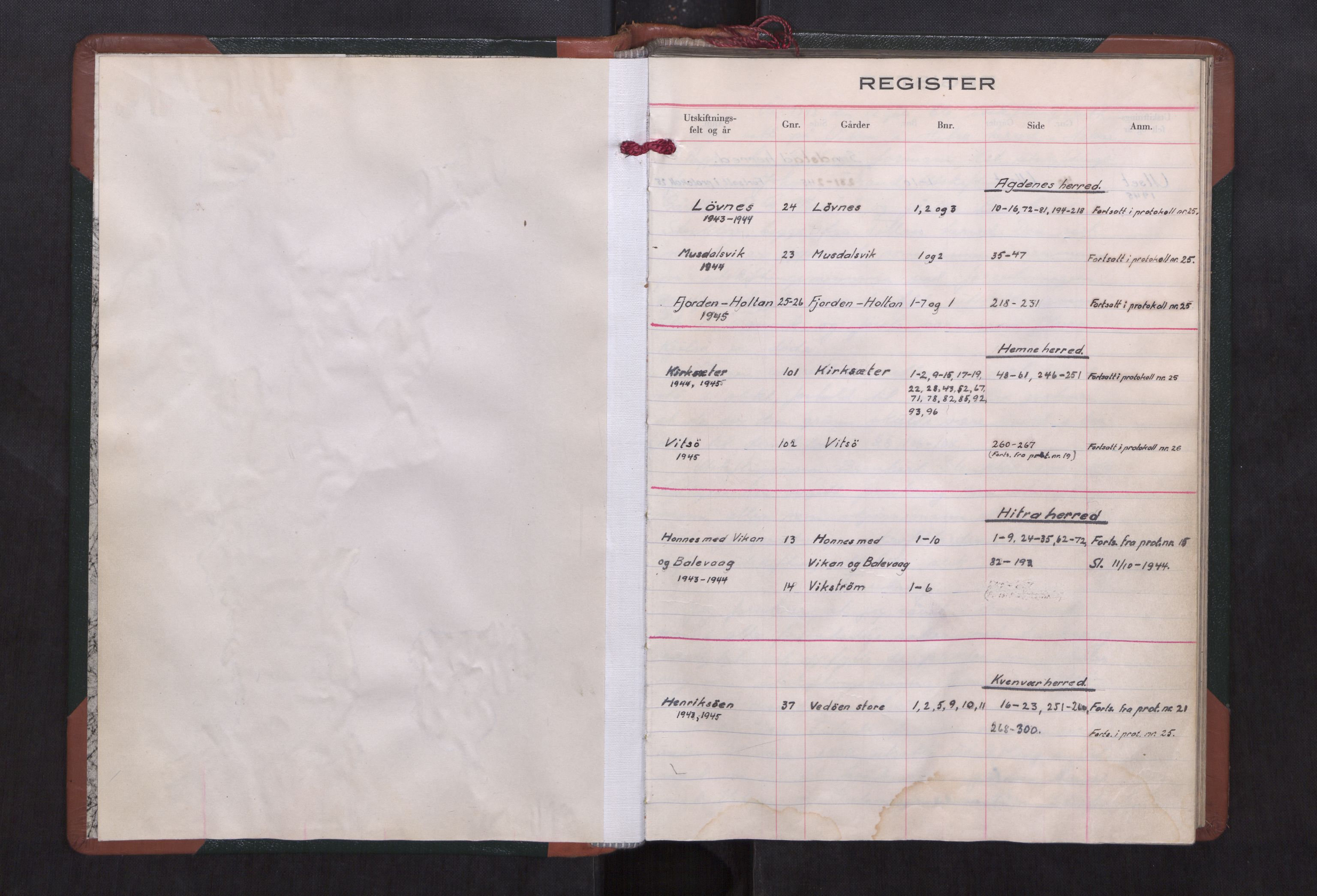 Sør-Trøndelag jordskifterett, AV/SAT-A-4522/1/F/L0108: Utskiftningsrettsbok 23, Hitra sorenskriveri, 1943-1945