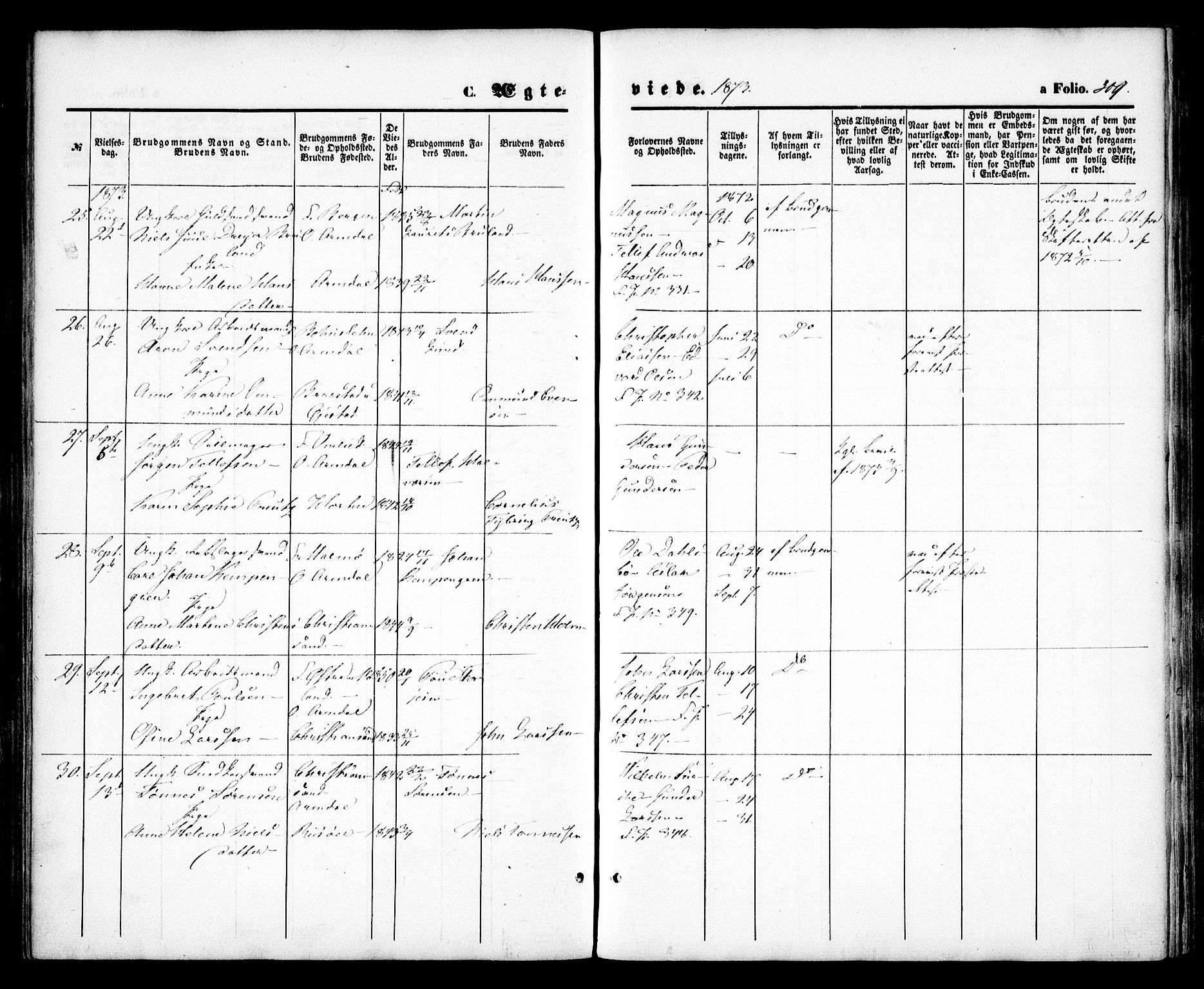 Arendal sokneprestkontor, Trefoldighet, SAK/1111-0040/F/Fa/L0007: Parish register (official) no. A 7, 1868-1878, p. 309