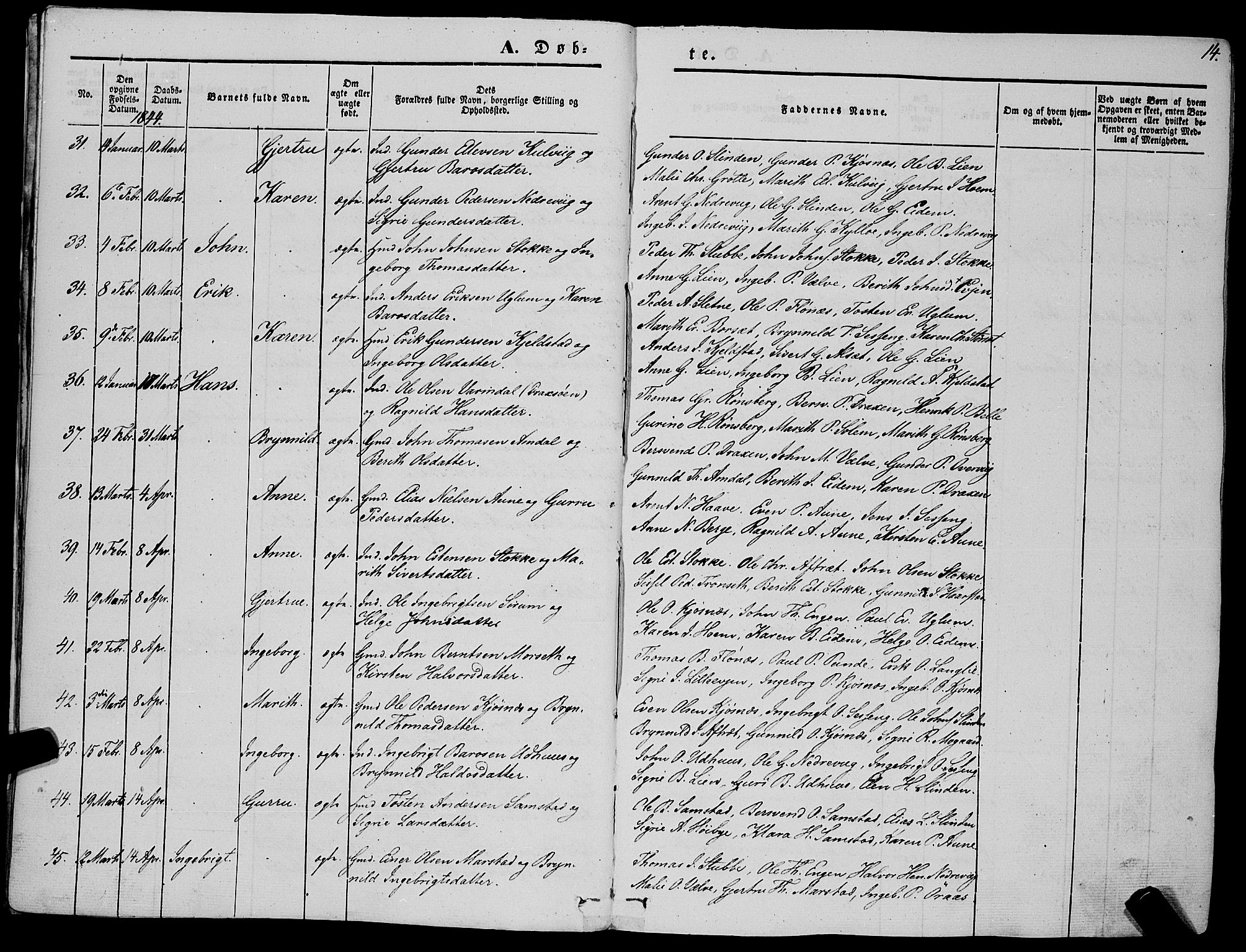 Ministerialprotokoller, klokkerbøker og fødselsregistre - Sør-Trøndelag, AV/SAT-A-1456/695/L1145: Parish register (official) no. 695A06 /1, 1843-1859, p. 14