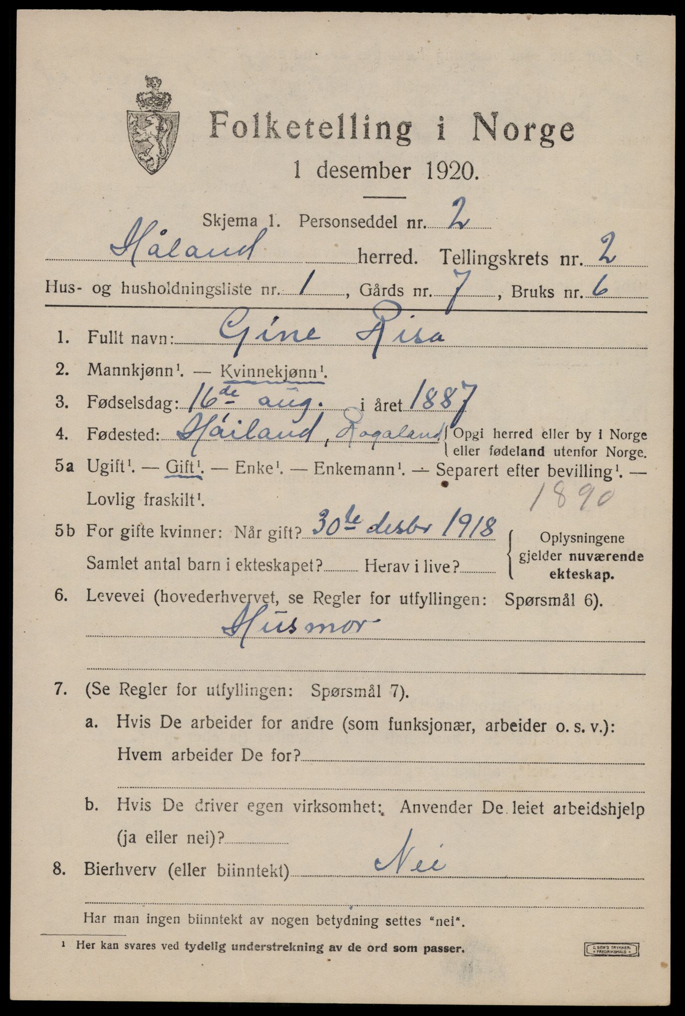 SAST, 1920 census for Håland, 1920, p. 2615