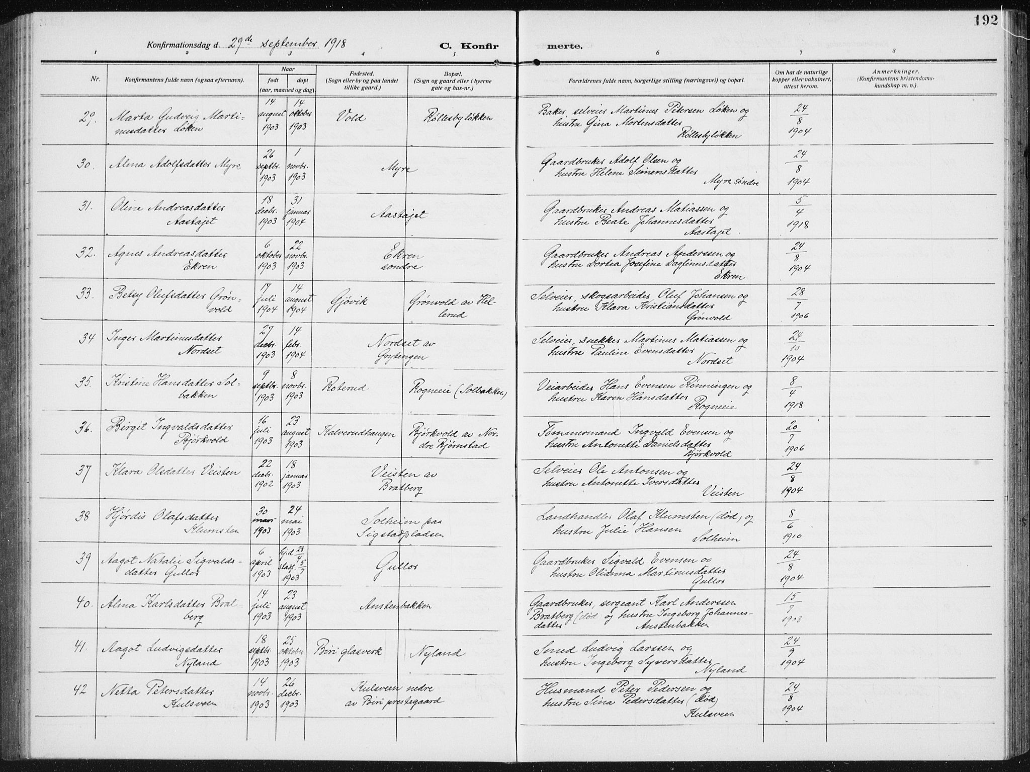 Biri prestekontor, AV/SAH-PREST-096/H/Ha/Hab/L0006: Parish register (copy) no. 6, 1909-1938, p. 192