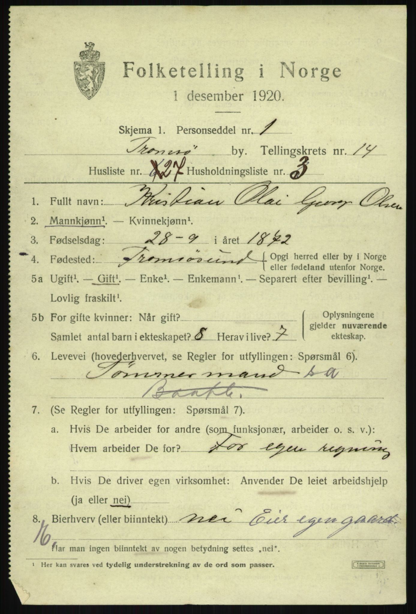 SATØ, 1920 census for Tromsø, 1920, p. 26873