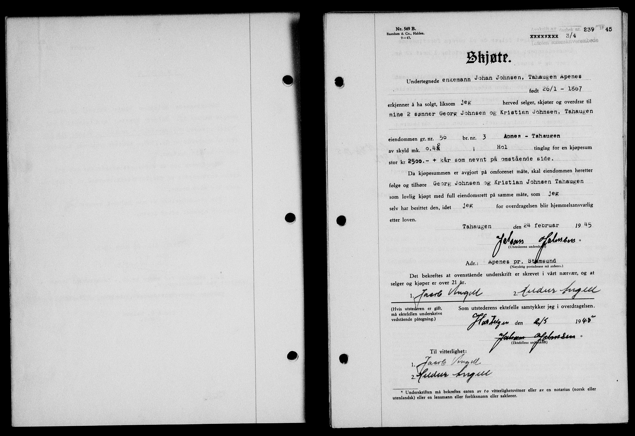 Lofoten sorenskriveri, SAT/A-0017/1/2/2C/L0013a: Mortgage book no. 13a, 1944-1946, Diary no: : 239/1945