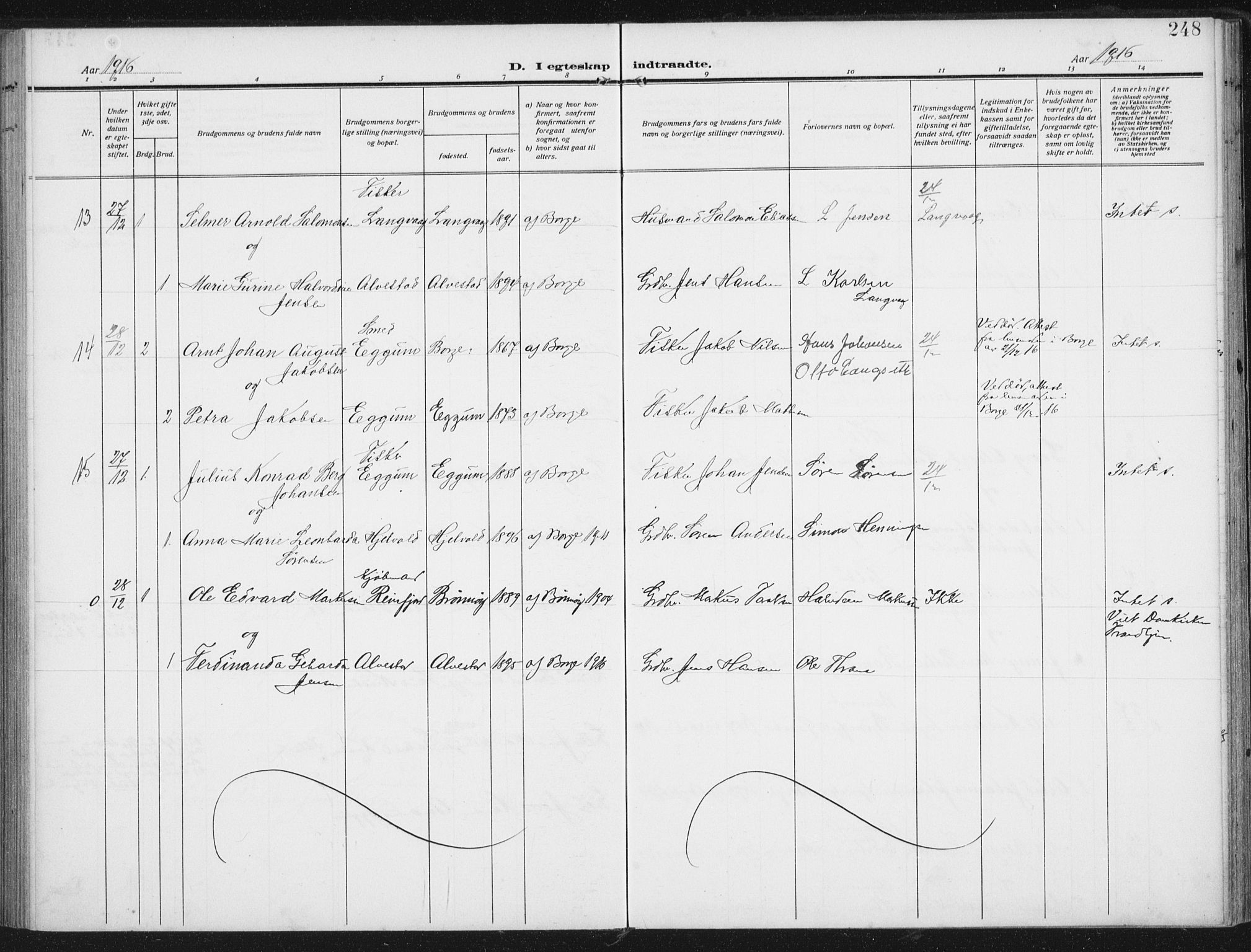 Ministerialprotokoller, klokkerbøker og fødselsregistre - Nordland, AV/SAT-A-1459/880/L1135: Parish register (official) no. 880A09, 1908-1919, p. 248