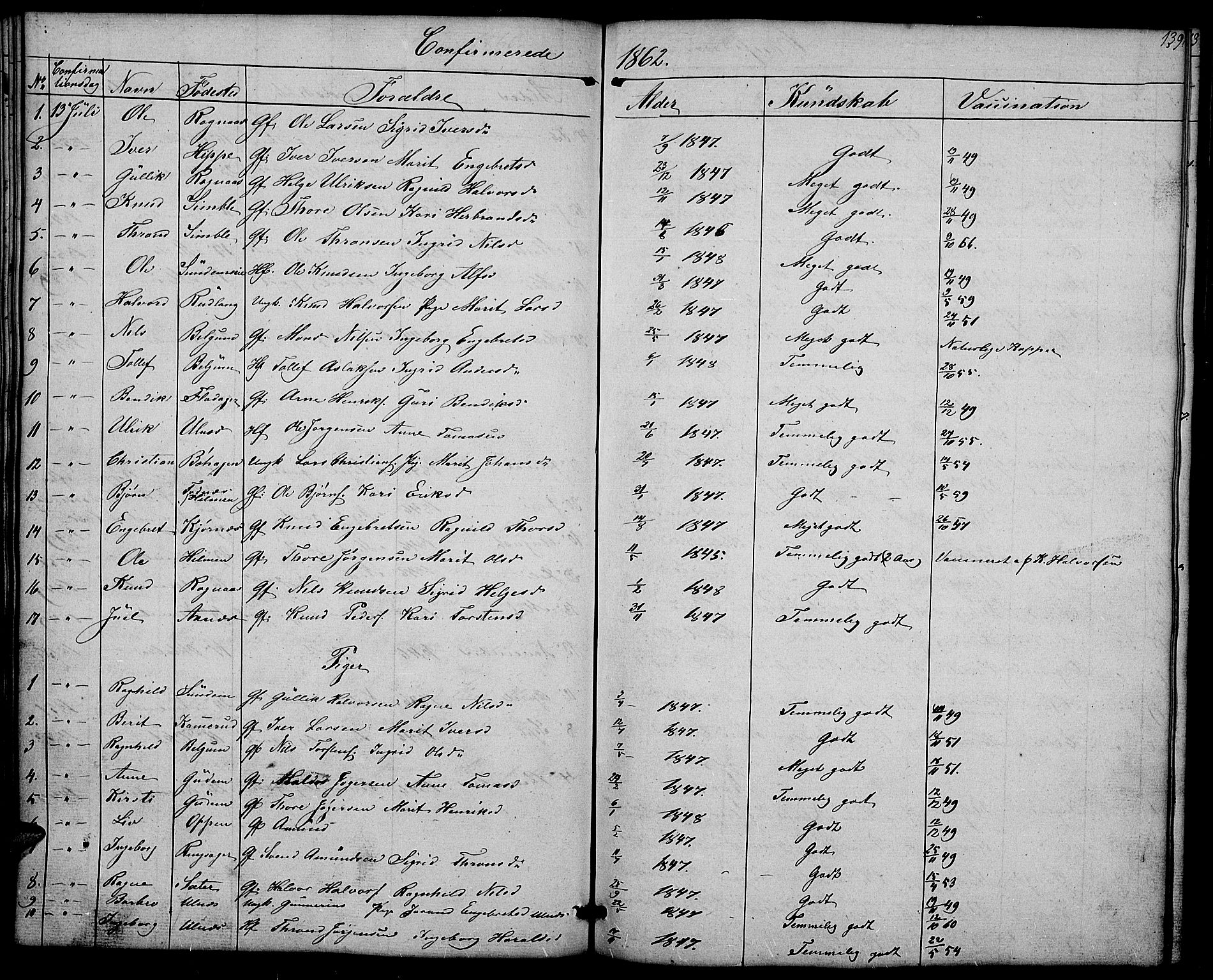 Nord-Aurdal prestekontor, SAH/PREST-132/H/Ha/Hab/L0004: Parish register (copy) no. 4, 1842-1882, p. 139