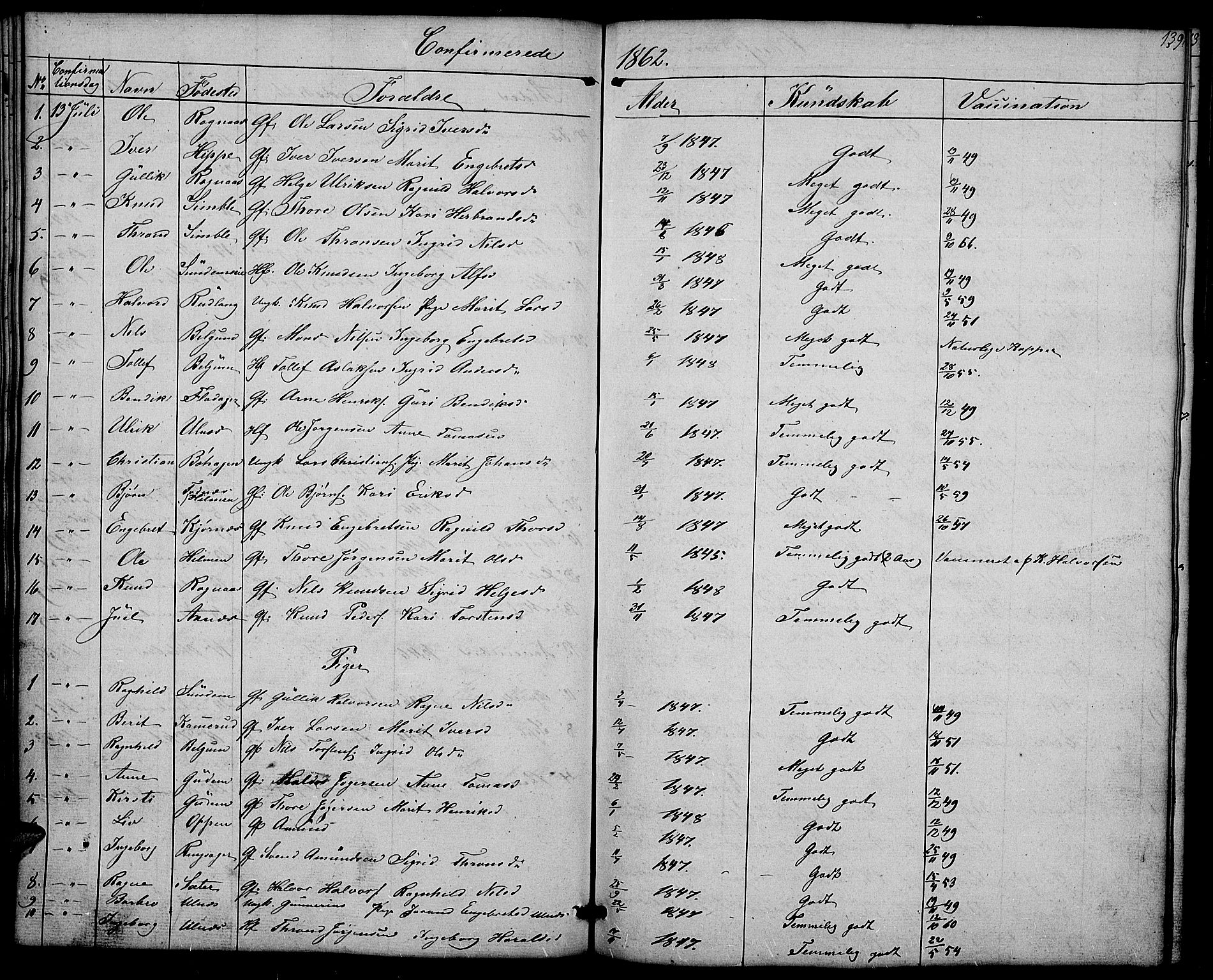 Nord-Aurdal prestekontor, AV/SAH-PREST-132/H/Ha/Hab/L0004: Parish register (copy) no. 4, 1842-1882, p. 139